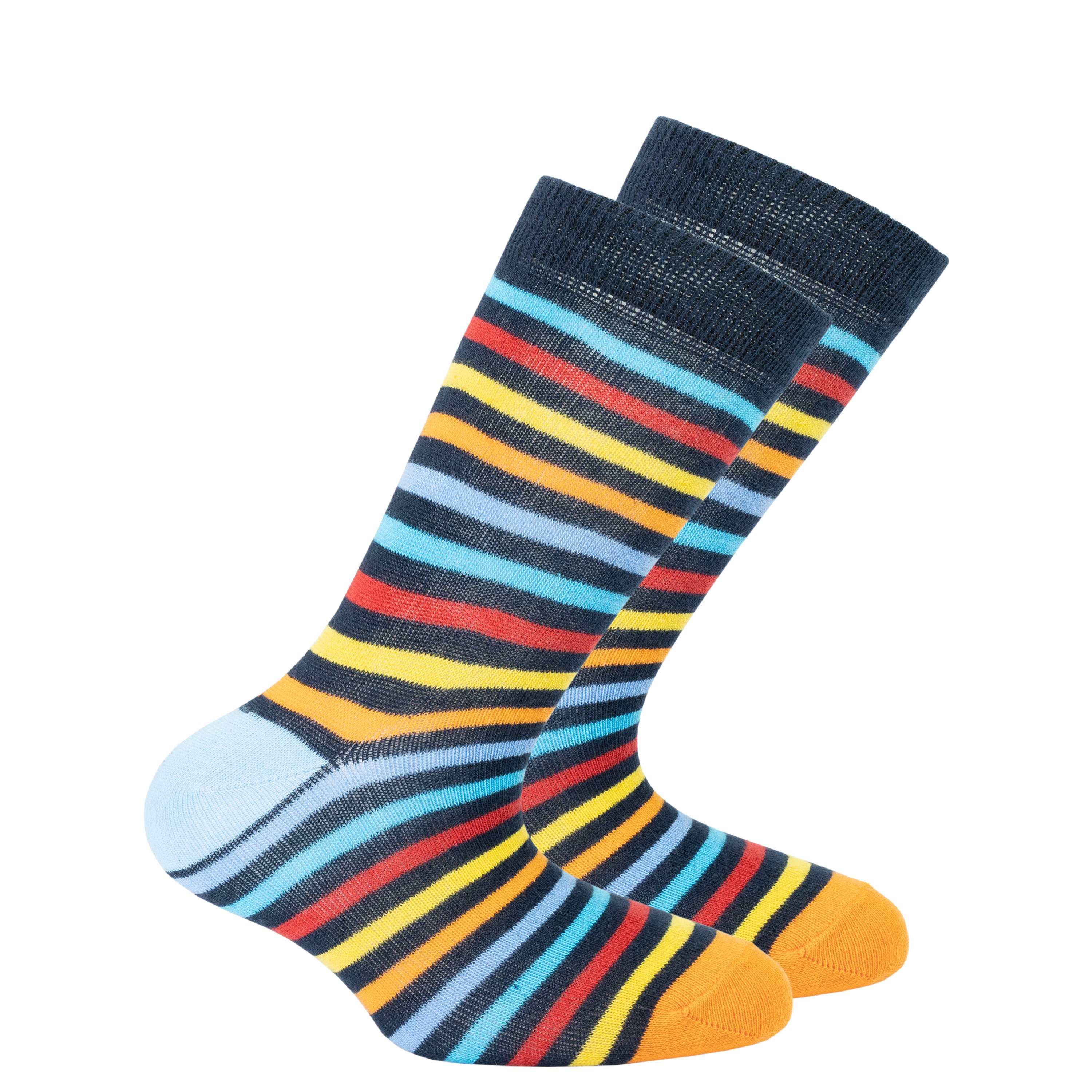 Kids Black Rainbow Stripe Socks featuring vibrant colors and a fun design, made from soft Turkish cotton for comfort and durability.