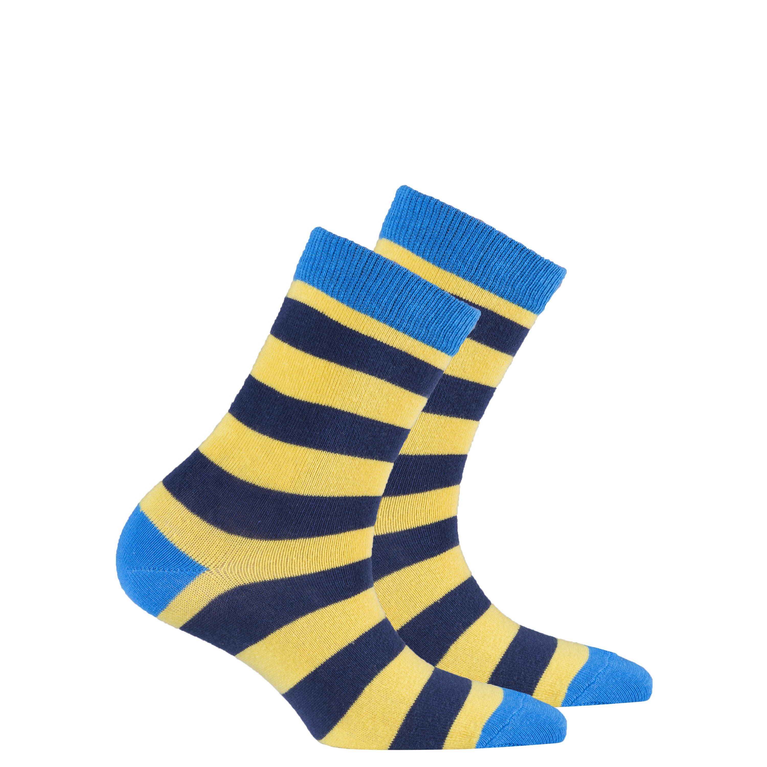 Kids Blue Canary Stripe Socks featuring vibrant blue and yellow stripes, made from soft Turkish cotton for comfort and style.