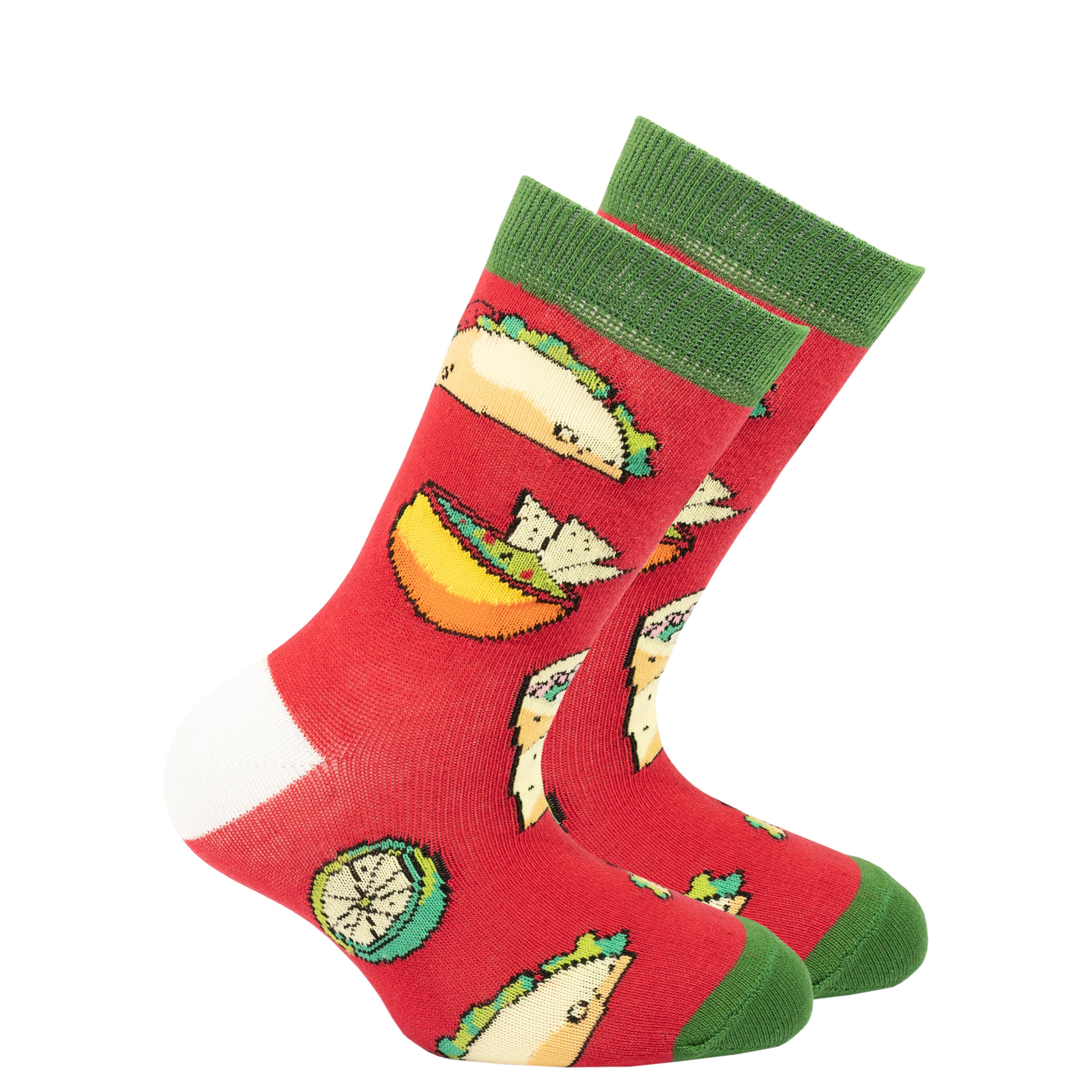 Colorful Kids Chili Tacos Socks featuring a fun taco design, made from soft cotton for comfort.