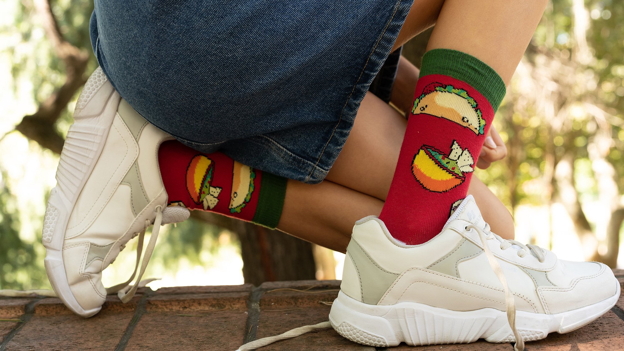 Colorful Kids Chili Tacos Socks featuring a fun taco design, made from soft cotton for comfort.