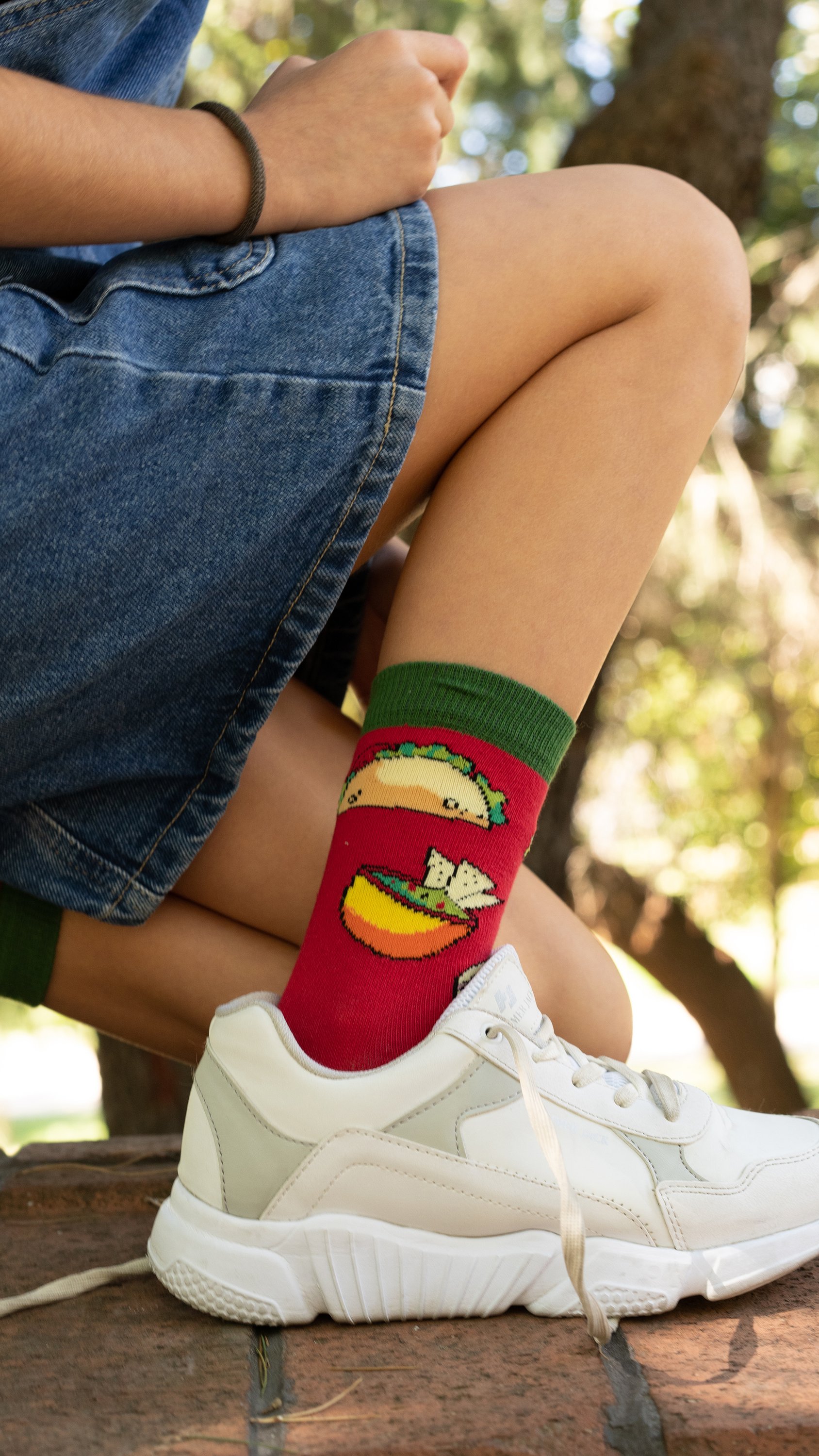 Colorful Kids Chili Tacos Socks featuring a fun taco design, made from soft cotton for comfort.