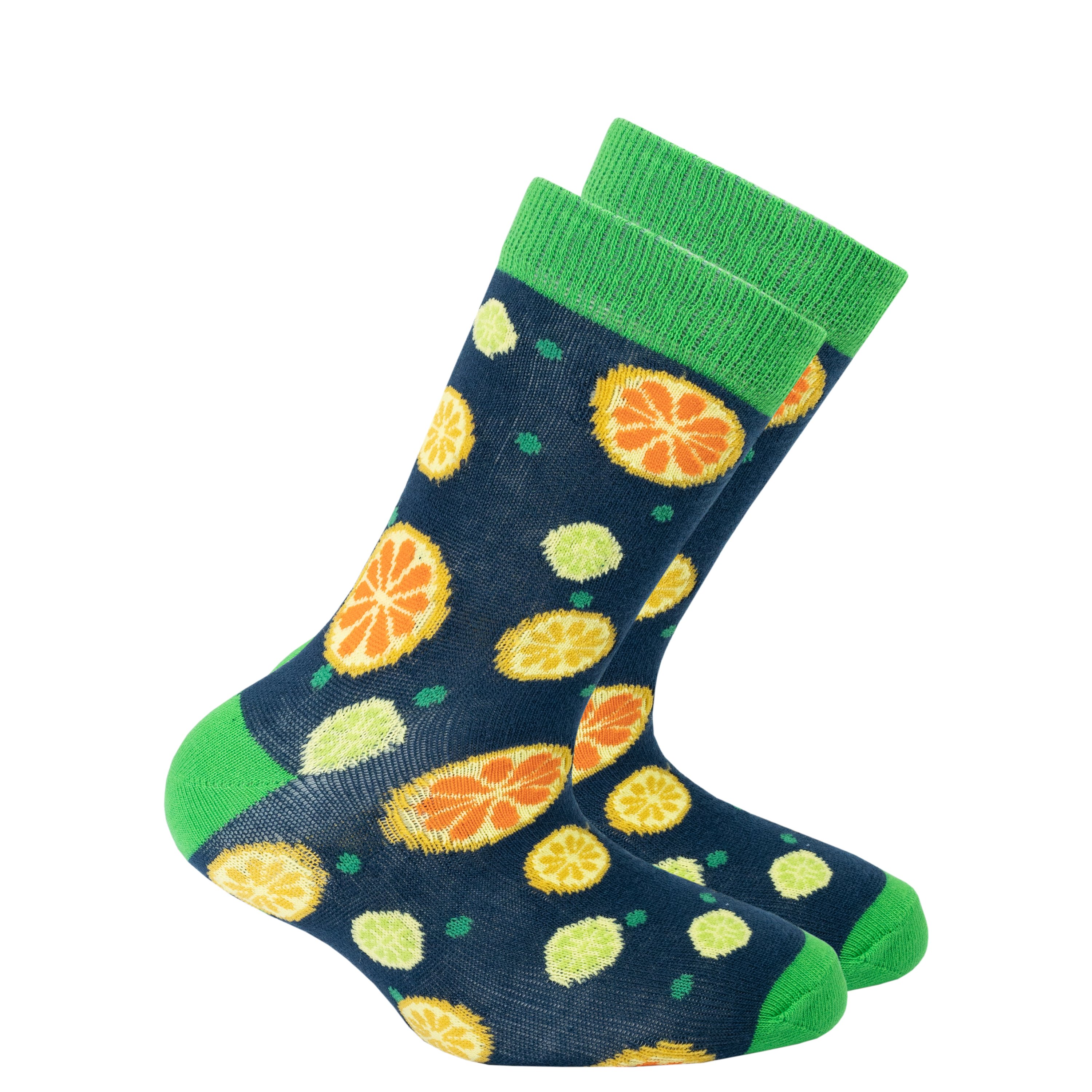 Colorful Kids Citrus Socks featuring vibrant citrus patterns, perfect for adding fun to any outfit.