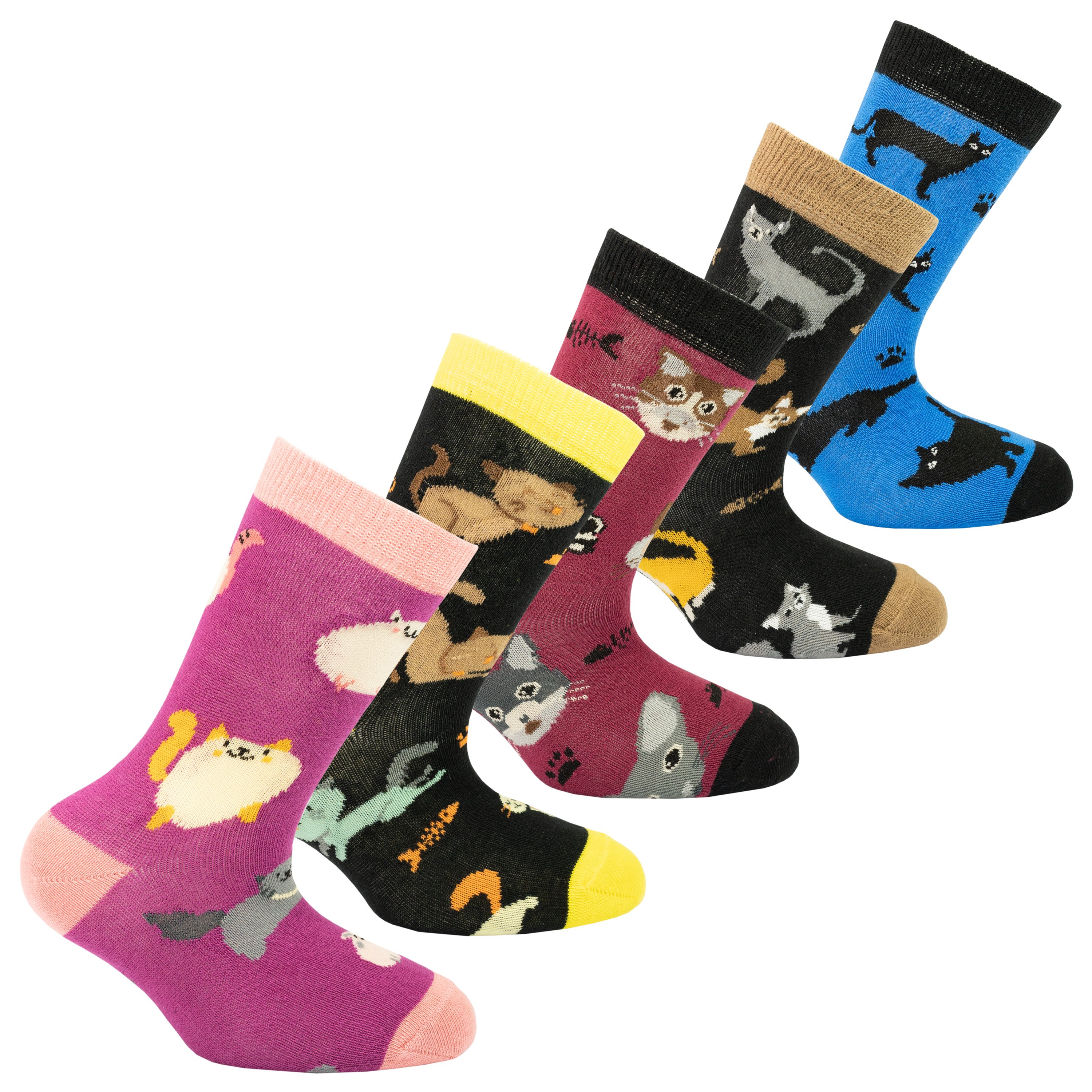 Colorful kids socks featuring cute cat designs, made from soft cotton for comfort.