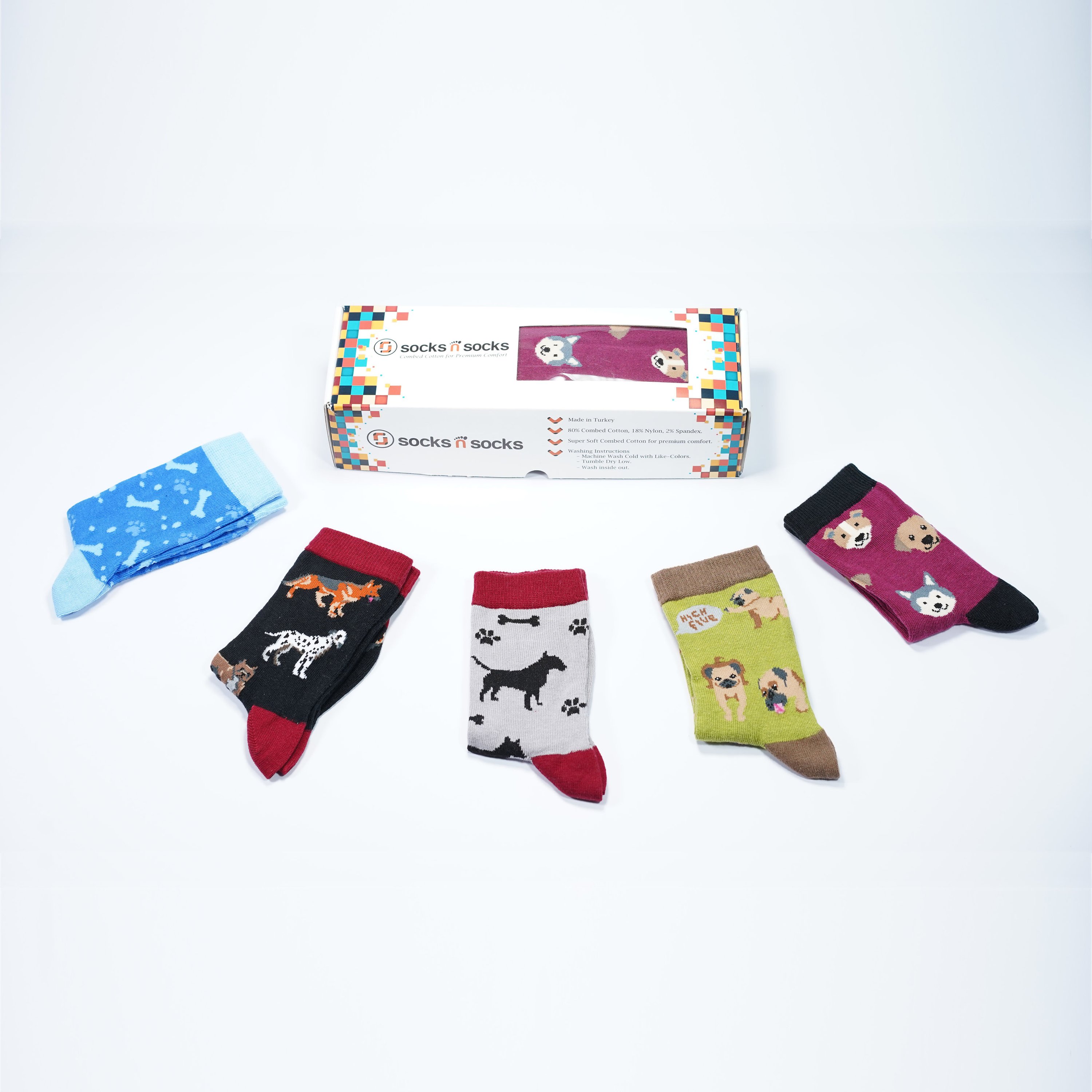 Colorful Kids Cute Dogs Socks featuring fun dog designs, made from soft cotton for comfort.