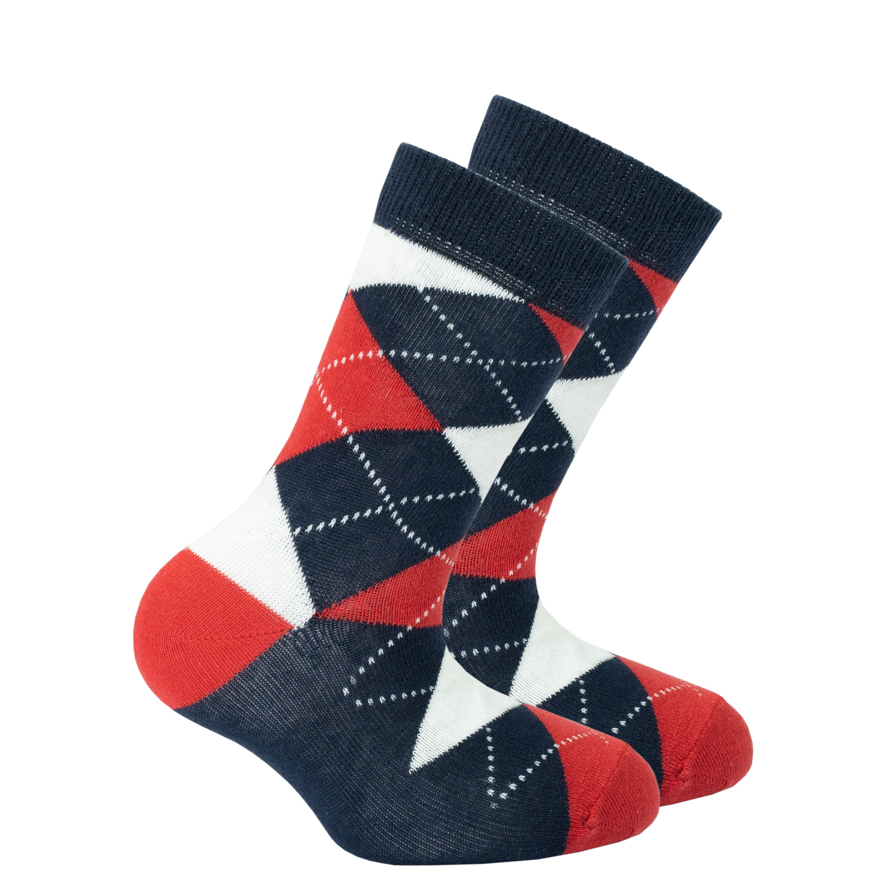 Colorful Kids Denim Argyle Socks featuring a trendy design, made from soft cotton for comfort.