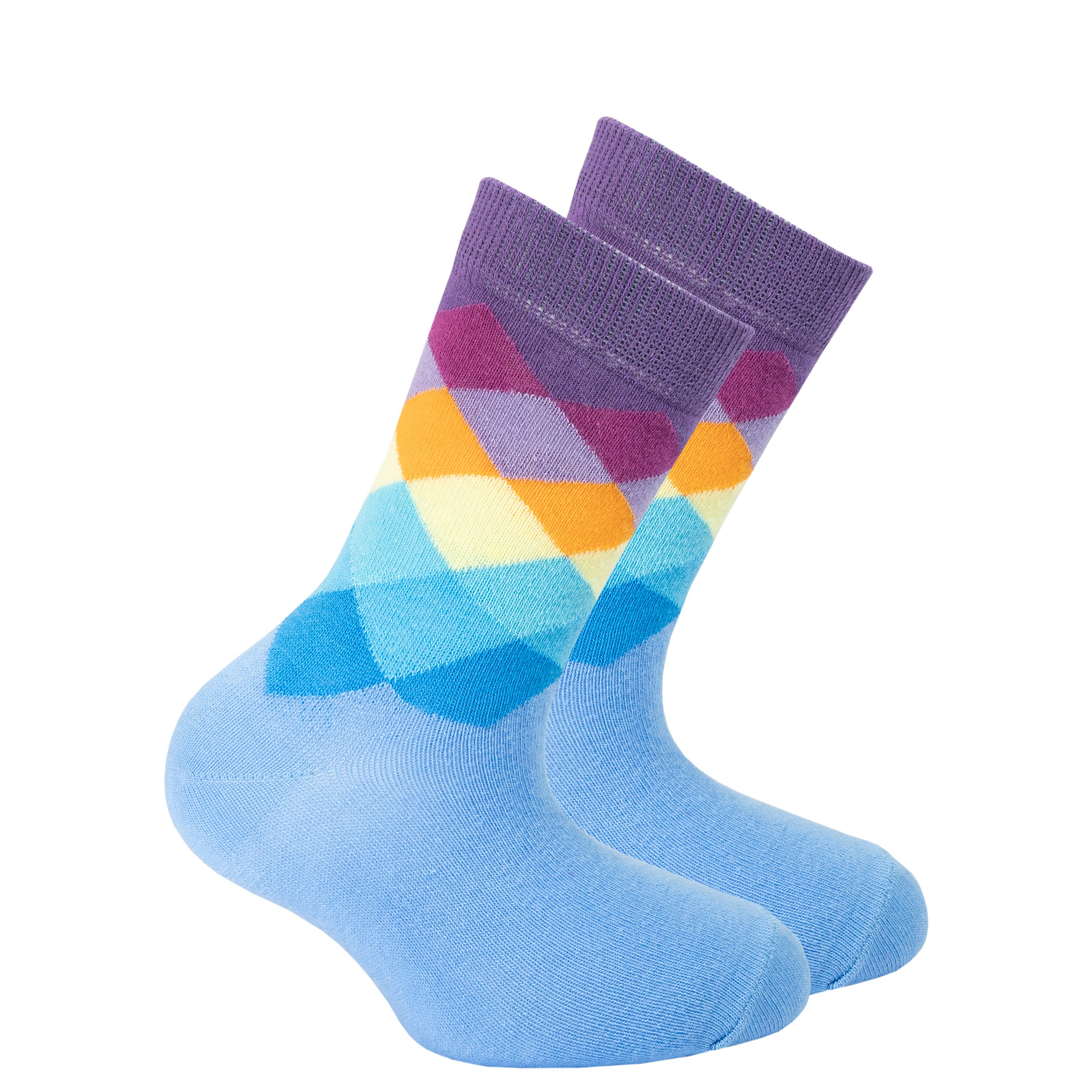 Kids Dream Purple Diamond Socks featuring a colorful purple diamond pattern, made from soft Turkish cotton for comfort and style.