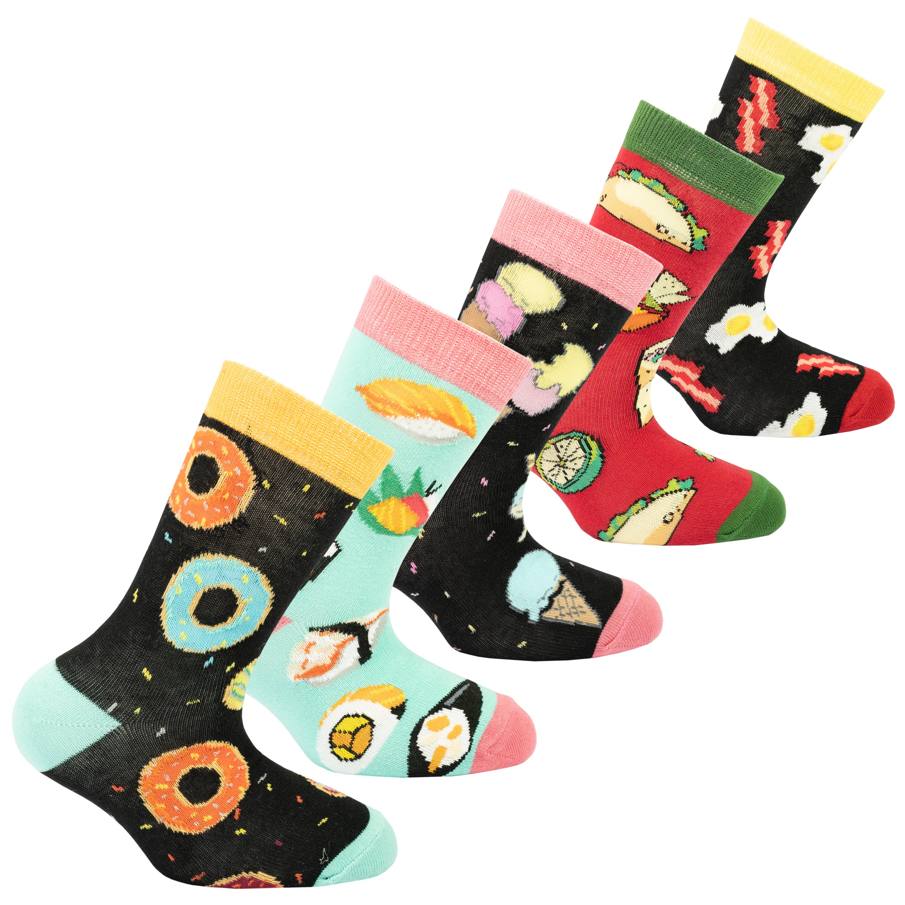 Colorful Kids Fast Food Socks featuring fun designs, perfect for stylish children.