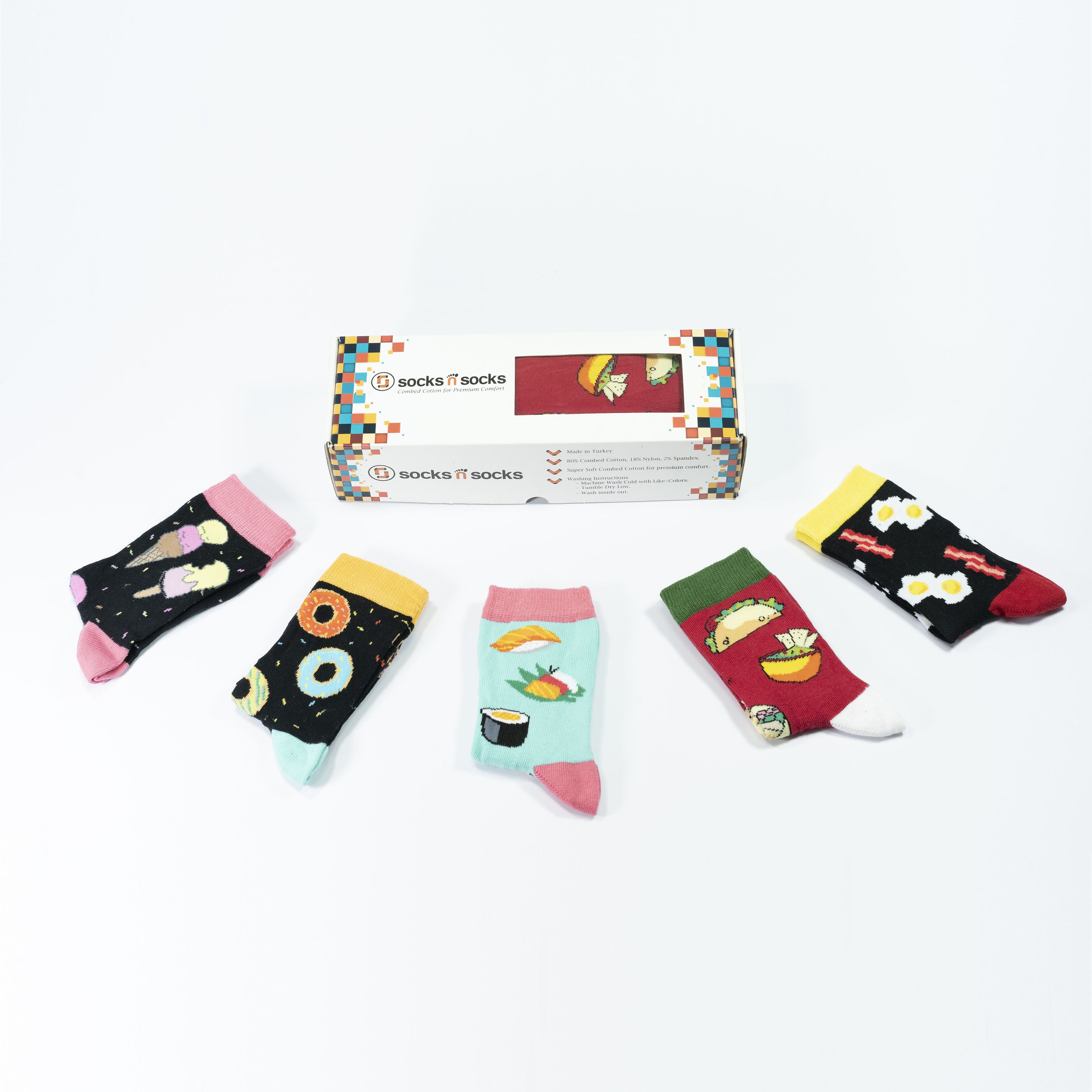 Colorful Kids Fast Food Socks featuring fun designs, perfect for stylish children.