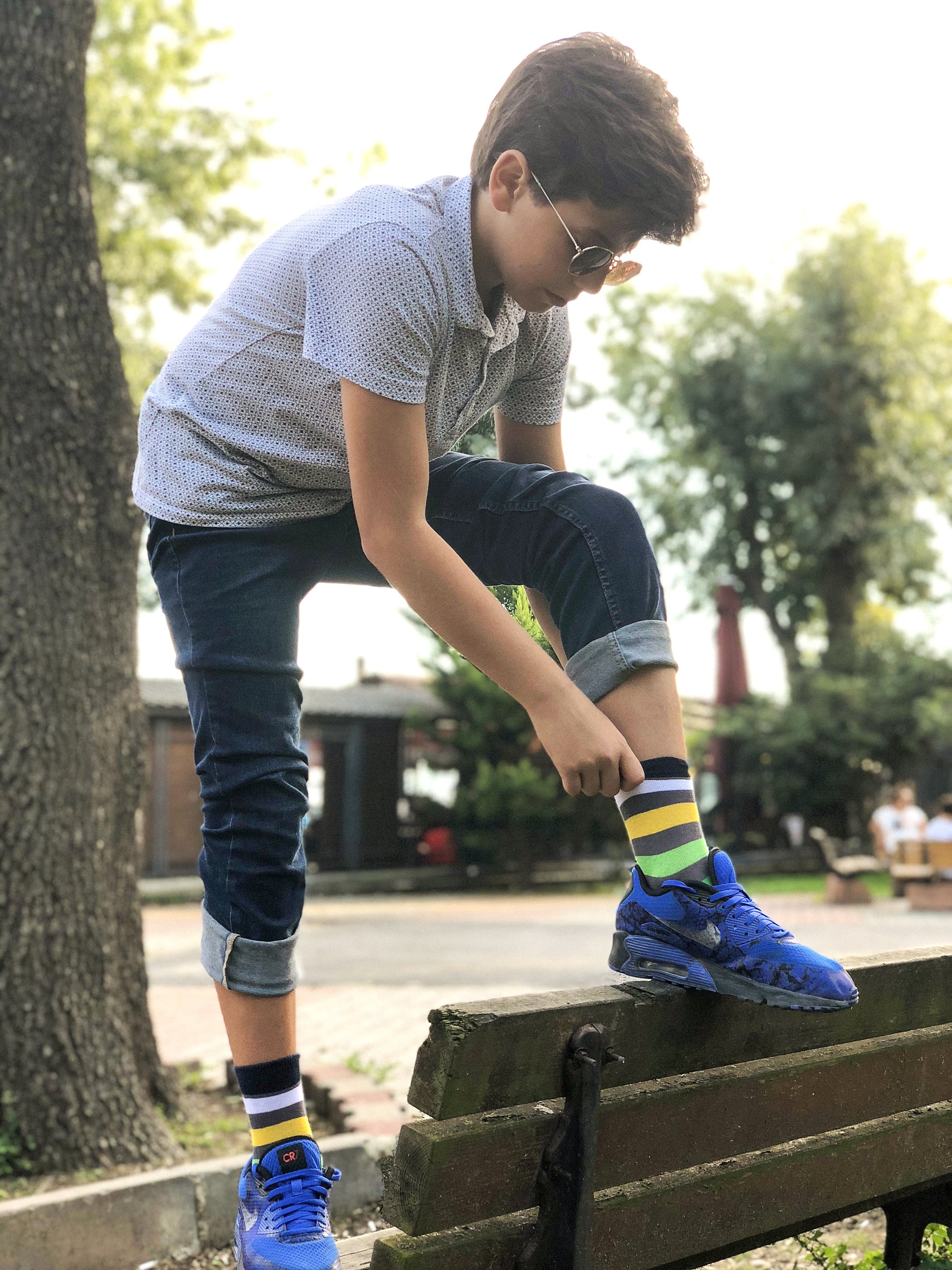 Kids Grey Emerald Stripe Socks featuring a trendy design with grey and emerald stripes, made from soft cotton for comfort.