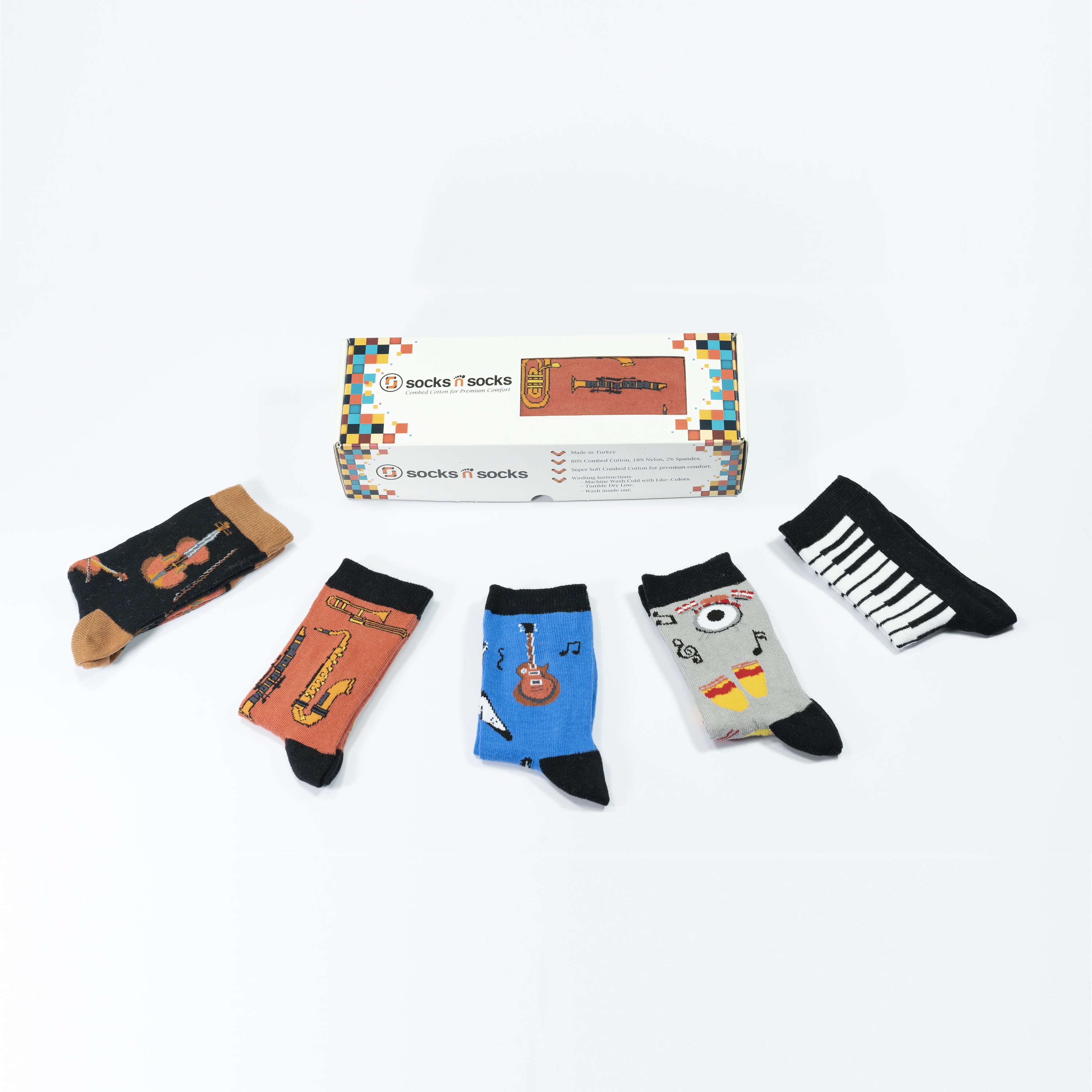 Colorful Kids Music Socks featuring trendy patterns and designs, perfect for adding fun to any outfit.