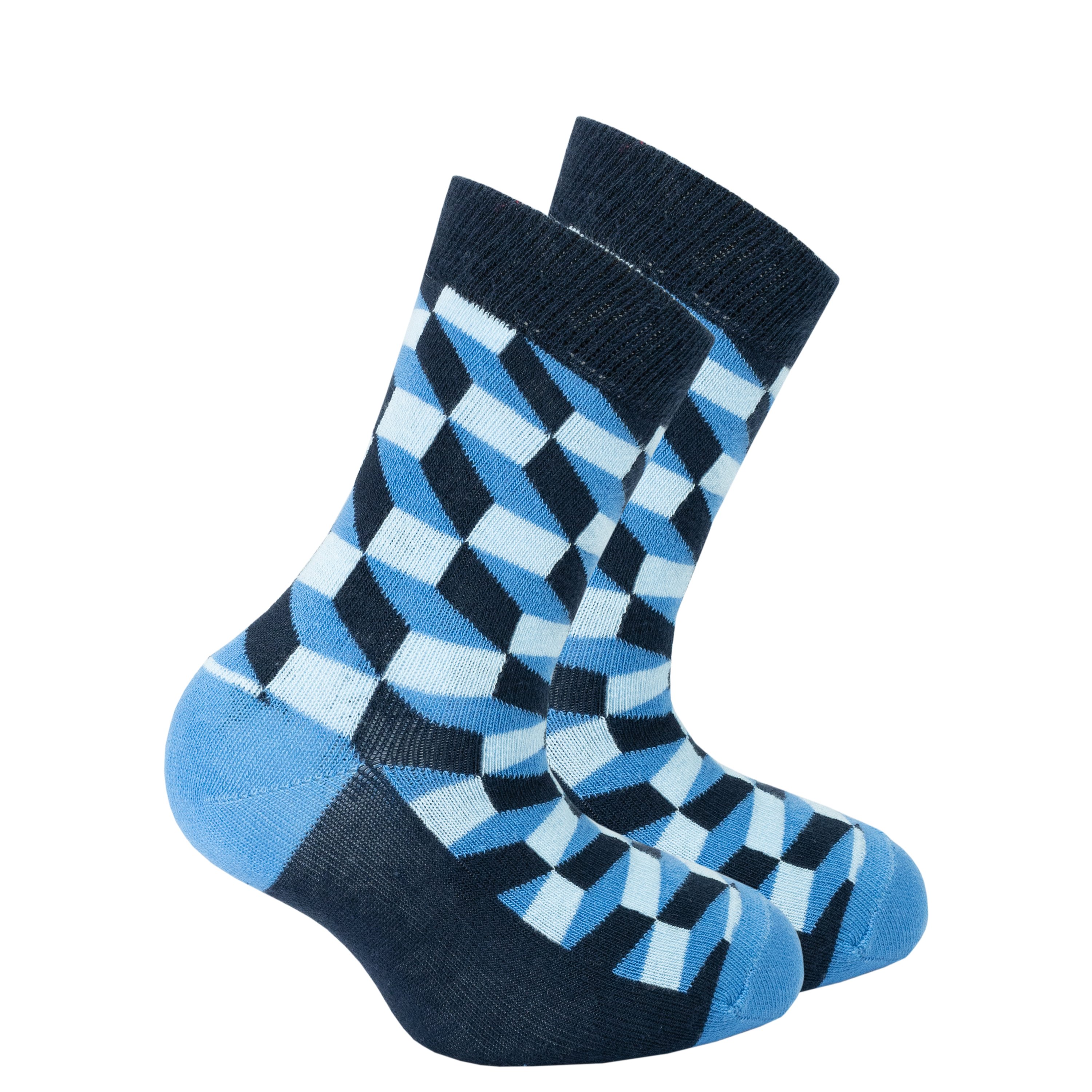 Kids Navy Block Socks featuring a trendy design made from soft cotton for comfort and style.