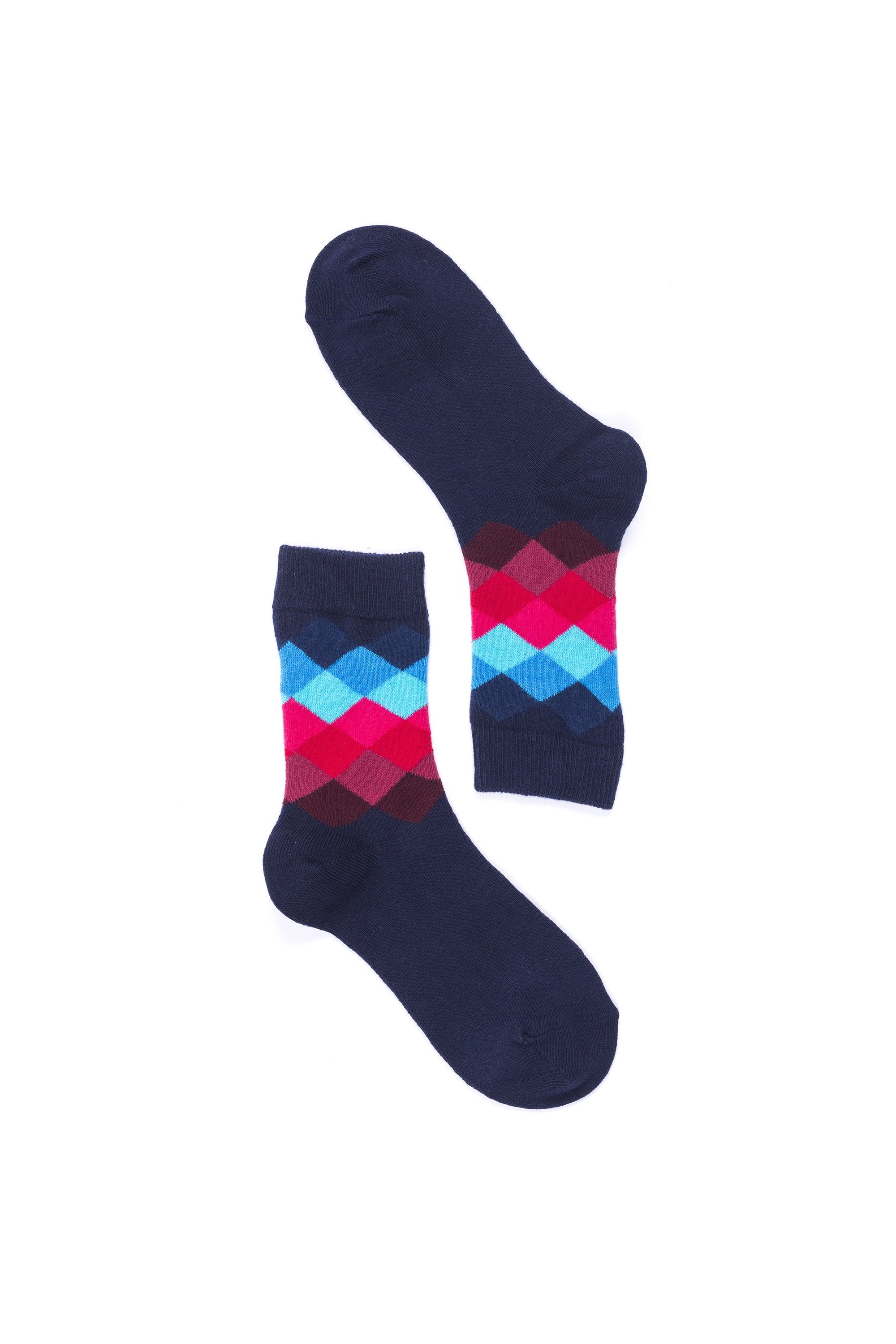 Kids Navy Paradise Diamond Socks featuring colorful diamond patterns on a navy background, perfect for stylish comfort.