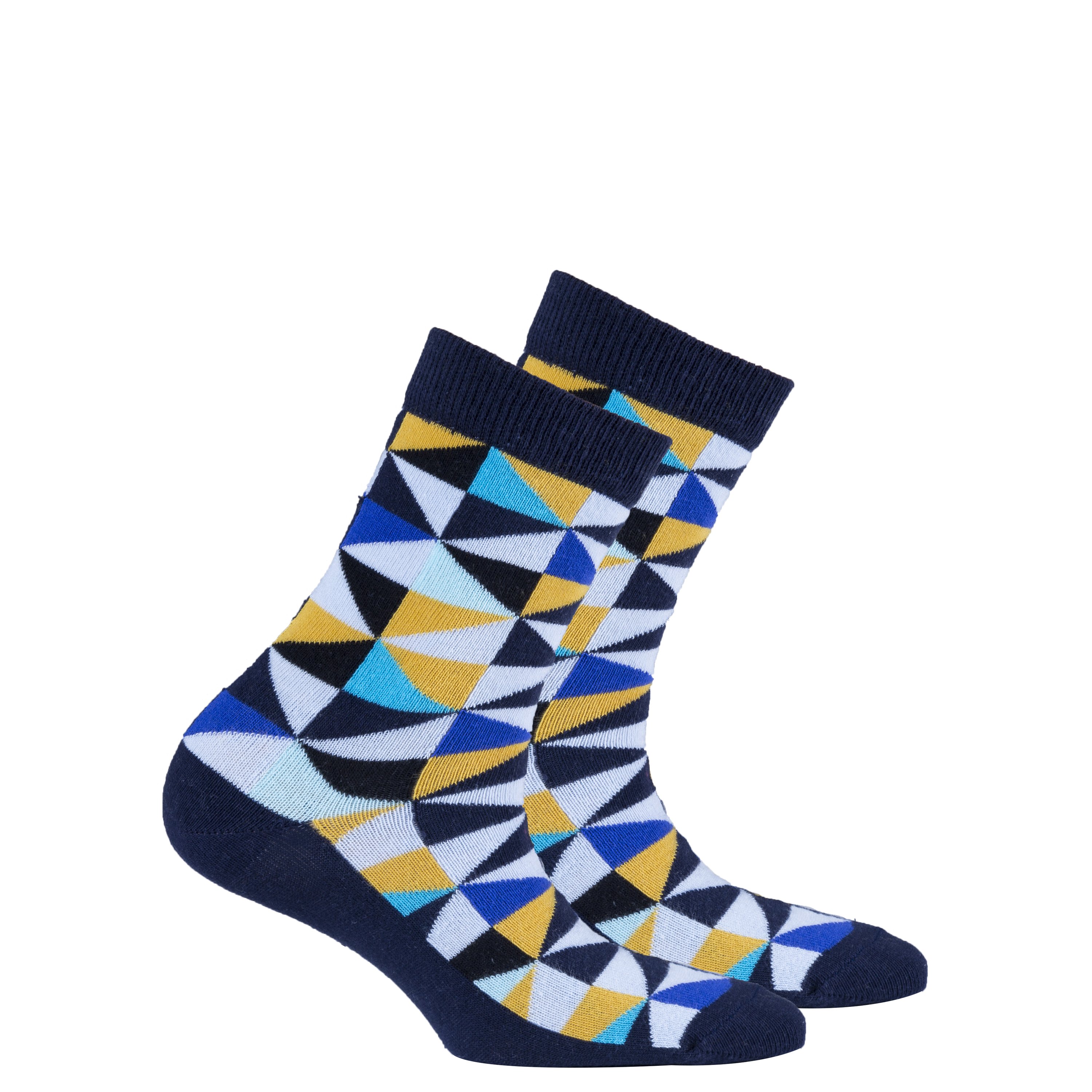 Kids Navy Triangle Socks featuring a colorful triangle pattern, made from soft Turkish cotton for comfort and style.