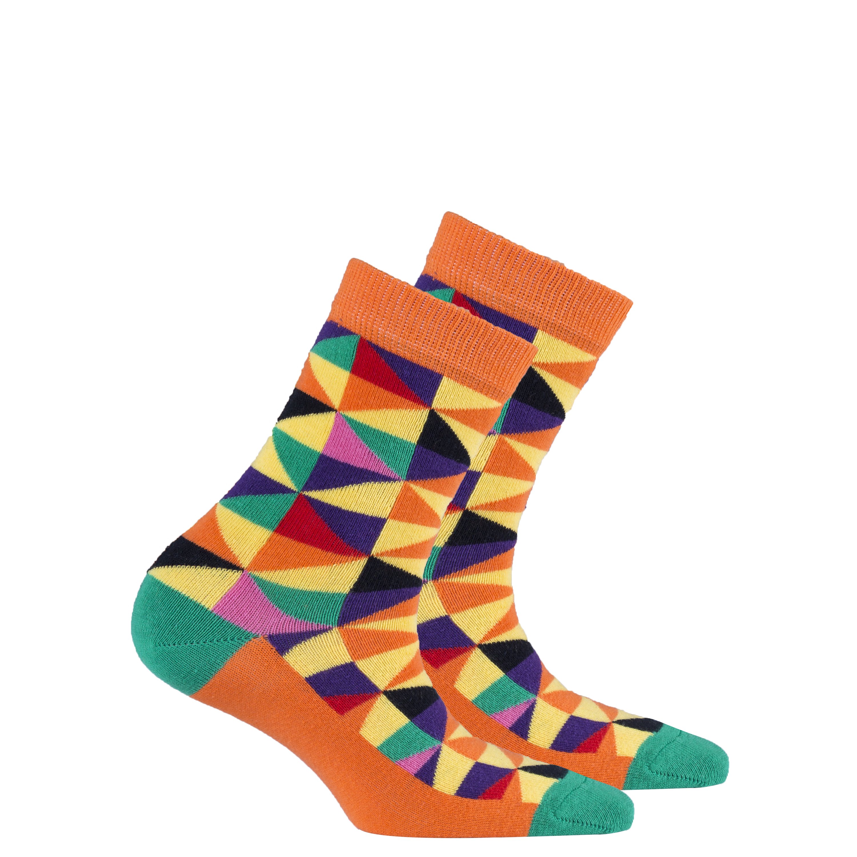 Kids Orange Triangle Socks featuring a vibrant orange color with triangle patterns, made from soft Turkish cotton for comfort.