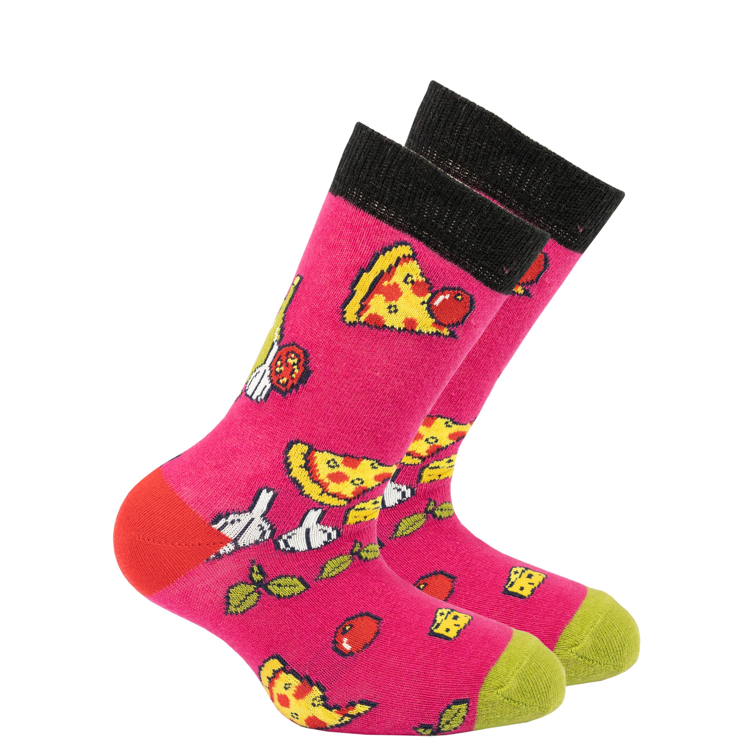 Colorful Kids Pizza Chef Socks featuring fun pizza designs, made from soft cotton for comfort.