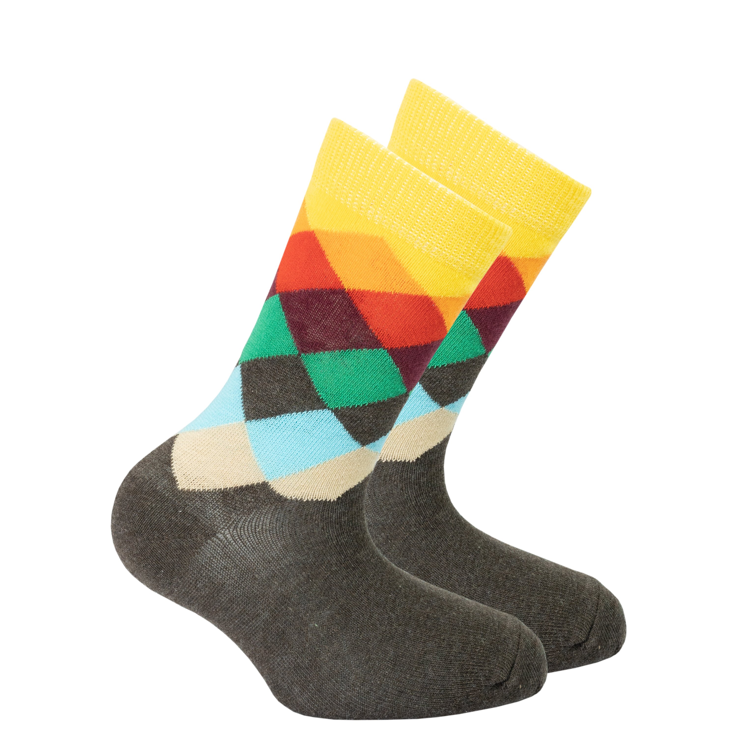 Kids Tobacco Flame Diamond Socks featuring a colorful flame diamond pattern, made from soft Turkish cotton for comfort and style.