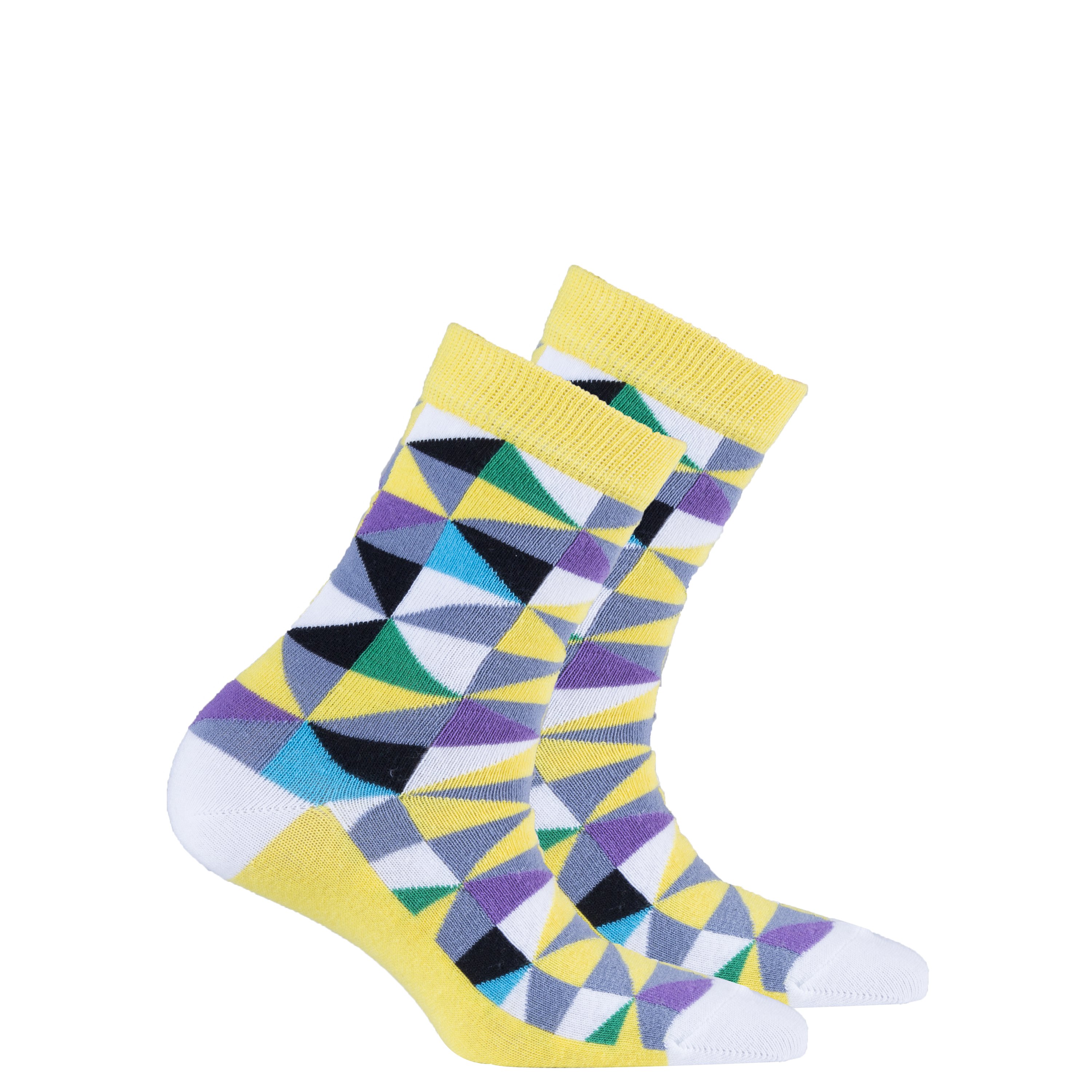 Kids Yellow Triangle Socks featuring a vibrant yellow color with triangle patterns, perfect for adding fun to any outfit.