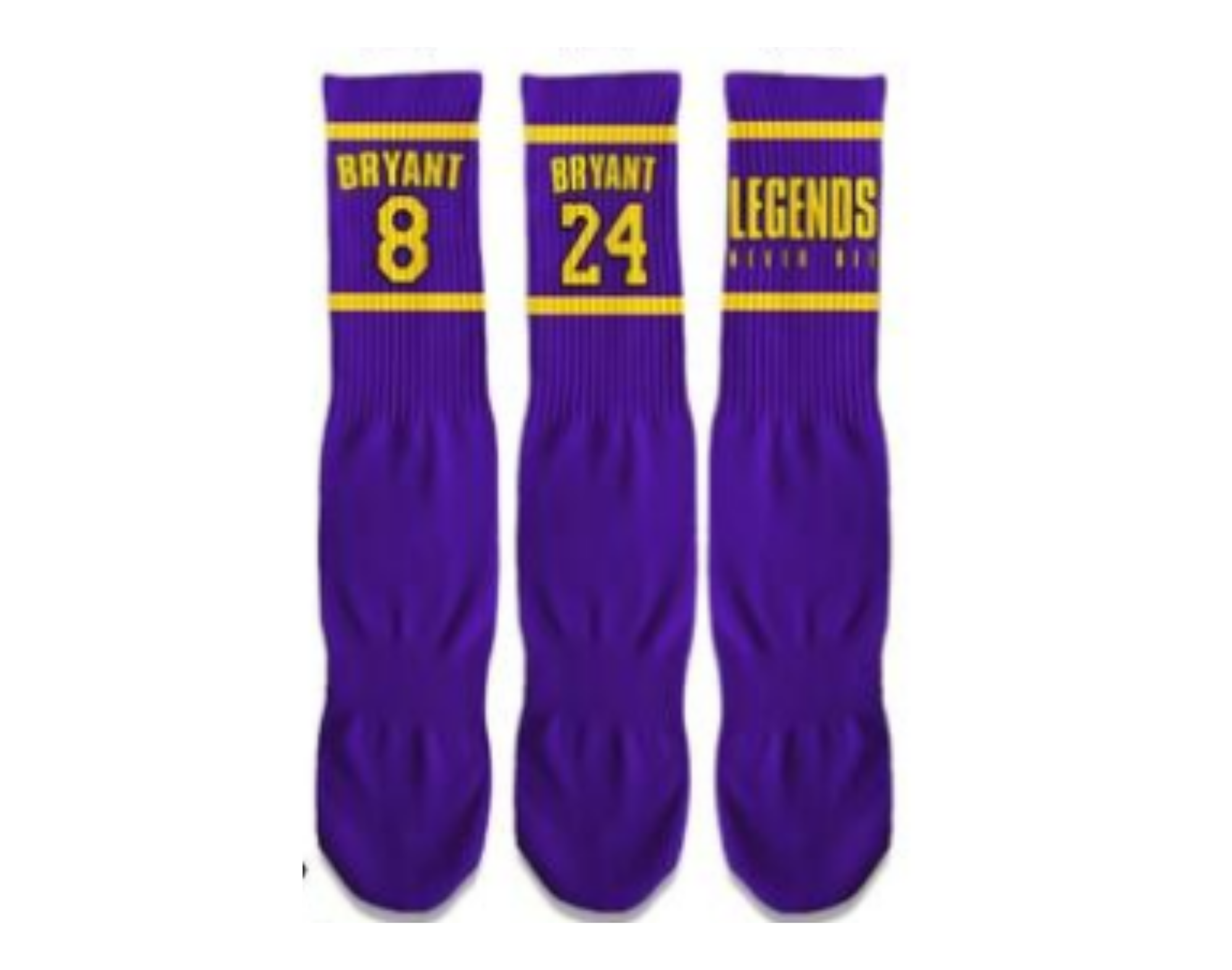 Purple LEGENDS NEVER DIE Fun Basketball Socks featuring a tribute to Kobe Bryant, designed for sports fans and athletes.