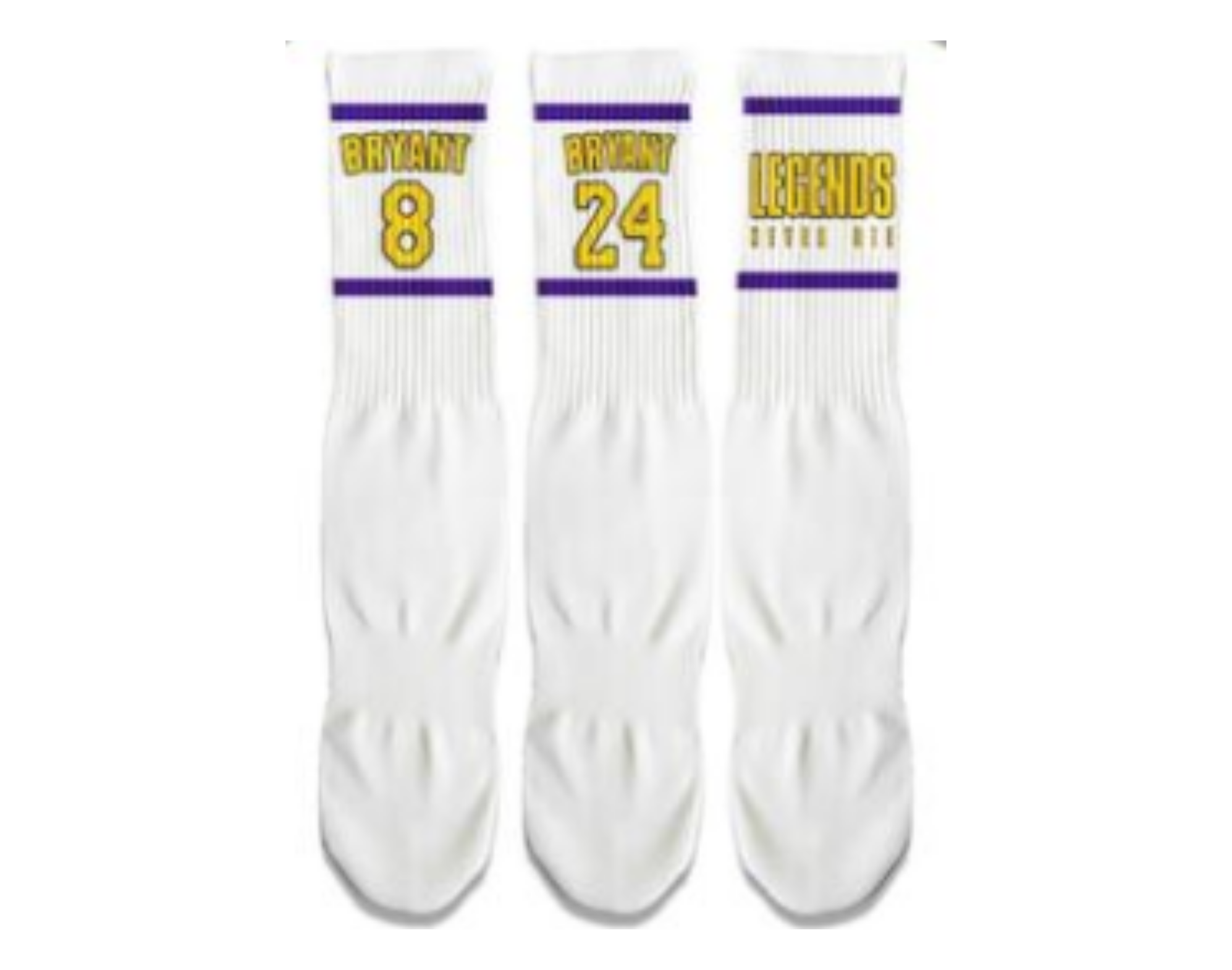 White LEGENDS NEVER DIE Fun Basketball Socks featuring a tribute to Kobe Bryant, designed for fans and athletes.