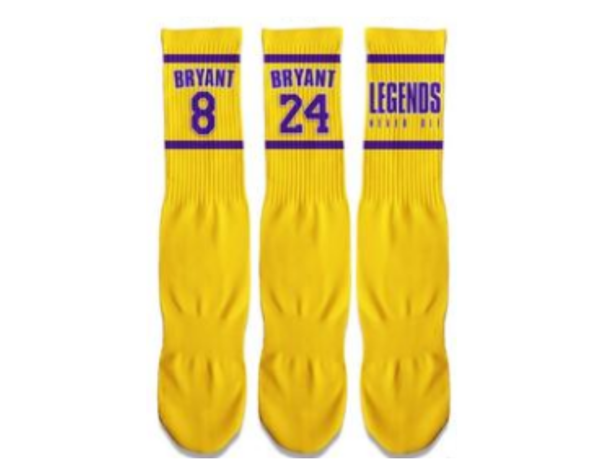 Bright yellow LEGENDS NEVER DIE Fun Basketball Socks featuring a tribute to Kobe Bryant, perfect for sports fans and athletes.