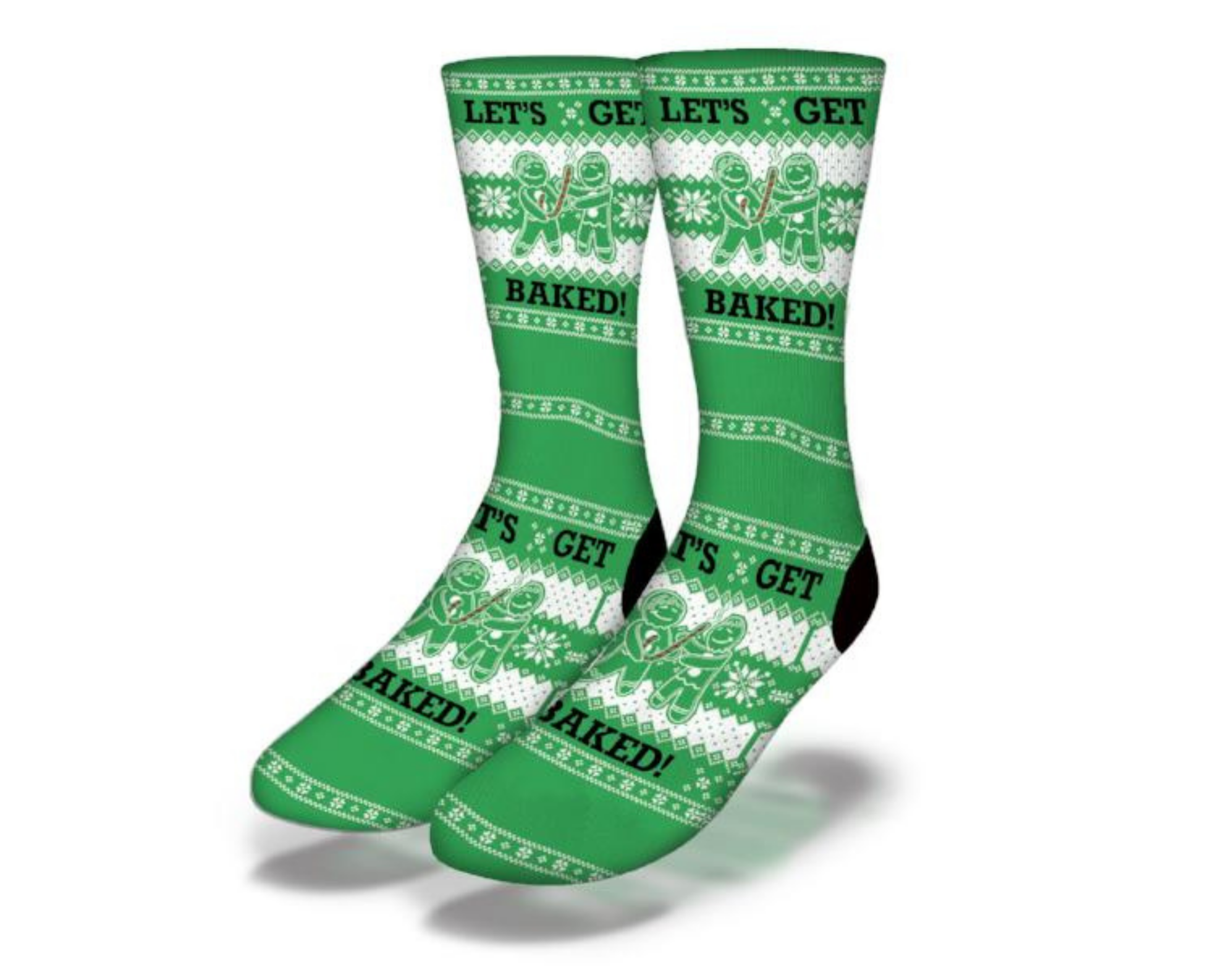 LET'S GET BAKED Funny Ugly Christmas Sweater Socks featuring gingerbread men and candy canes in a festive design.