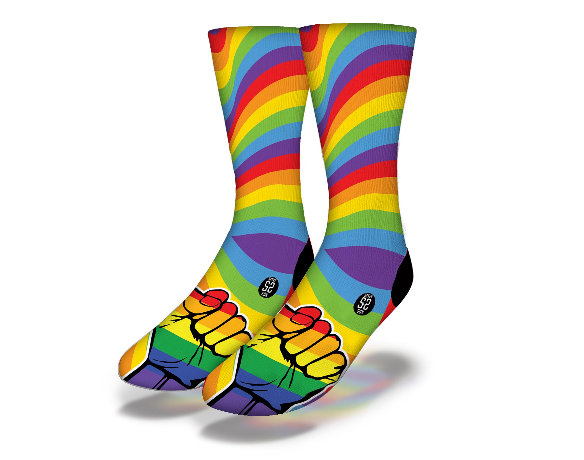 Colorful LGBTQ Love Power socks featuring vibrant pride colors, perfect for expressing support and identity.