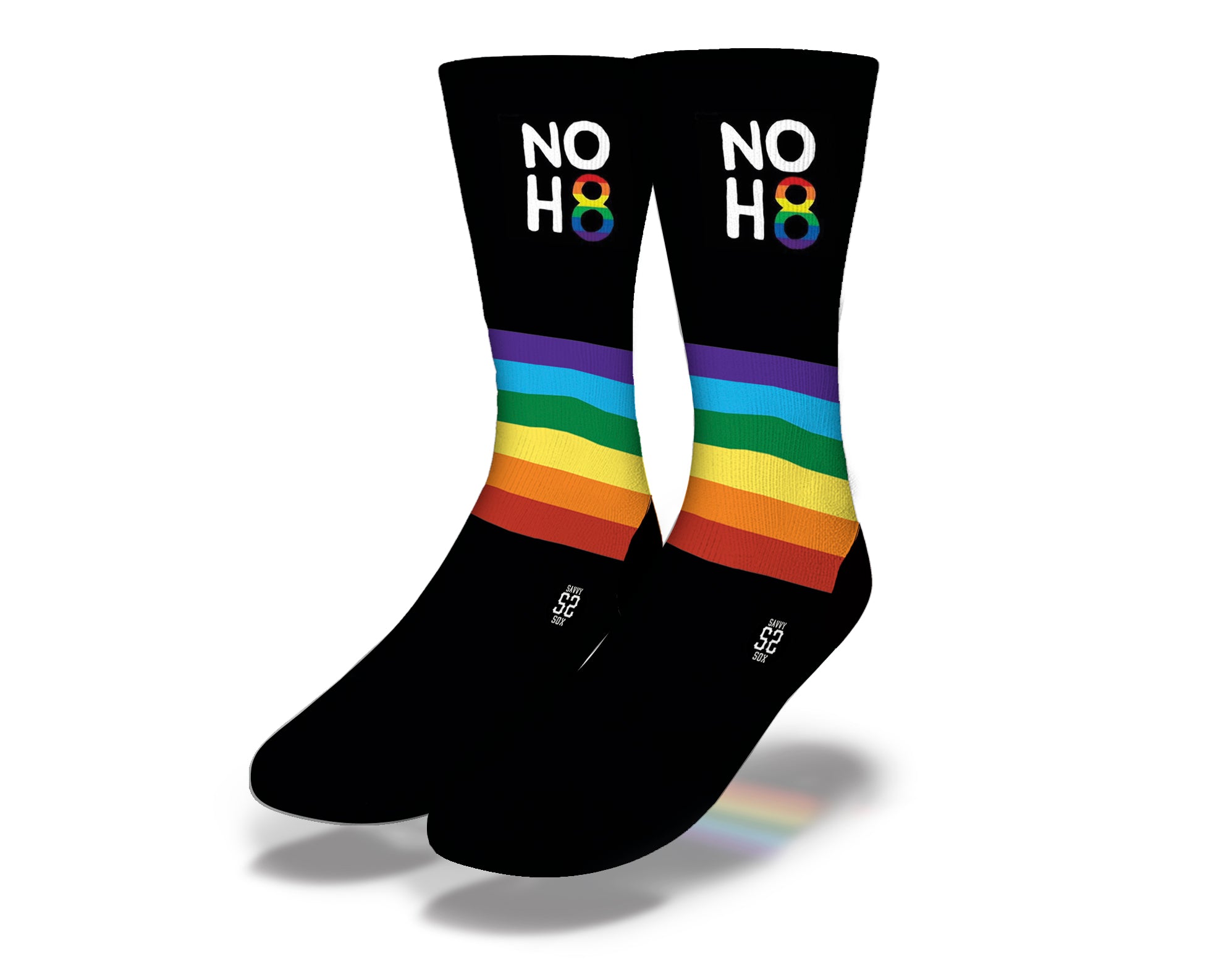 Colorful LGBTQ No Hate socks featuring vibrant pride colors and a unique message.