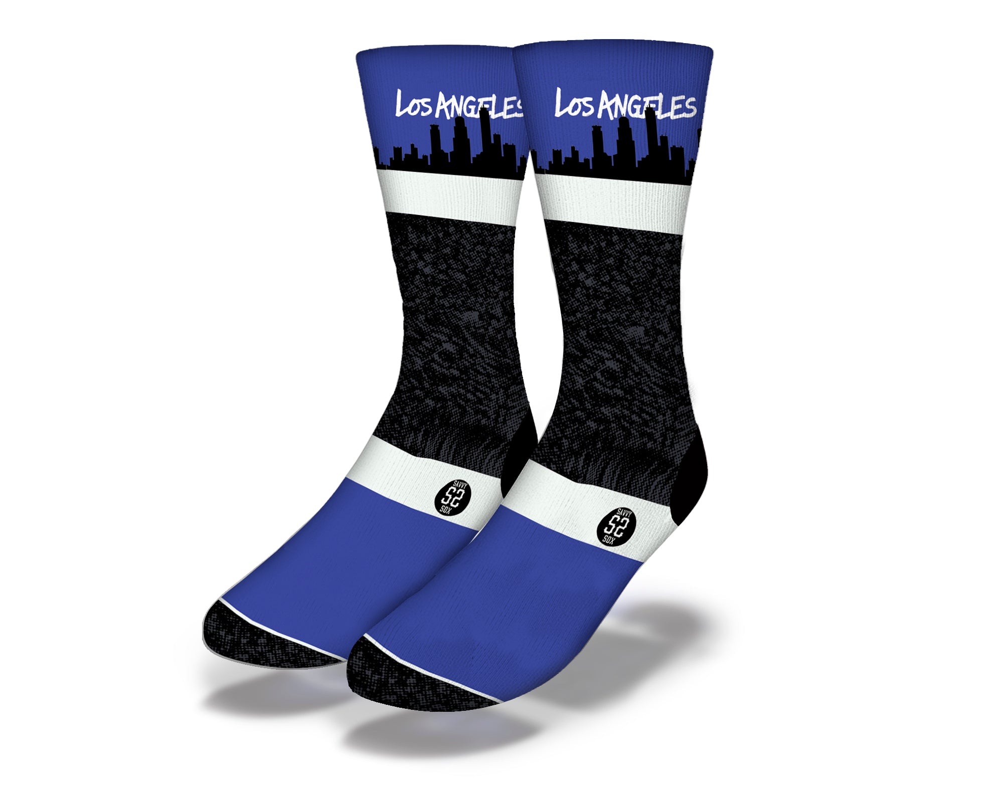 Los Angeles Skyline in Blue fun socks featuring a vibrant skyline design, perfect for showcasing city pride.