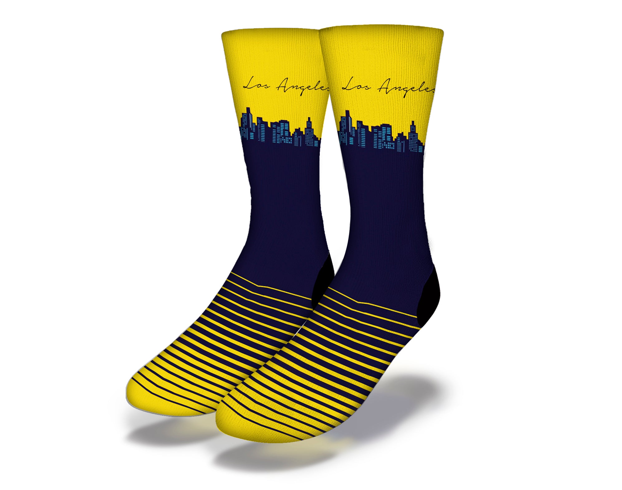 LOS ANGELES SKYLINE IN YELLOW Fun Socks featuring a vibrant yellow design of the iconic Los Angeles skyline.