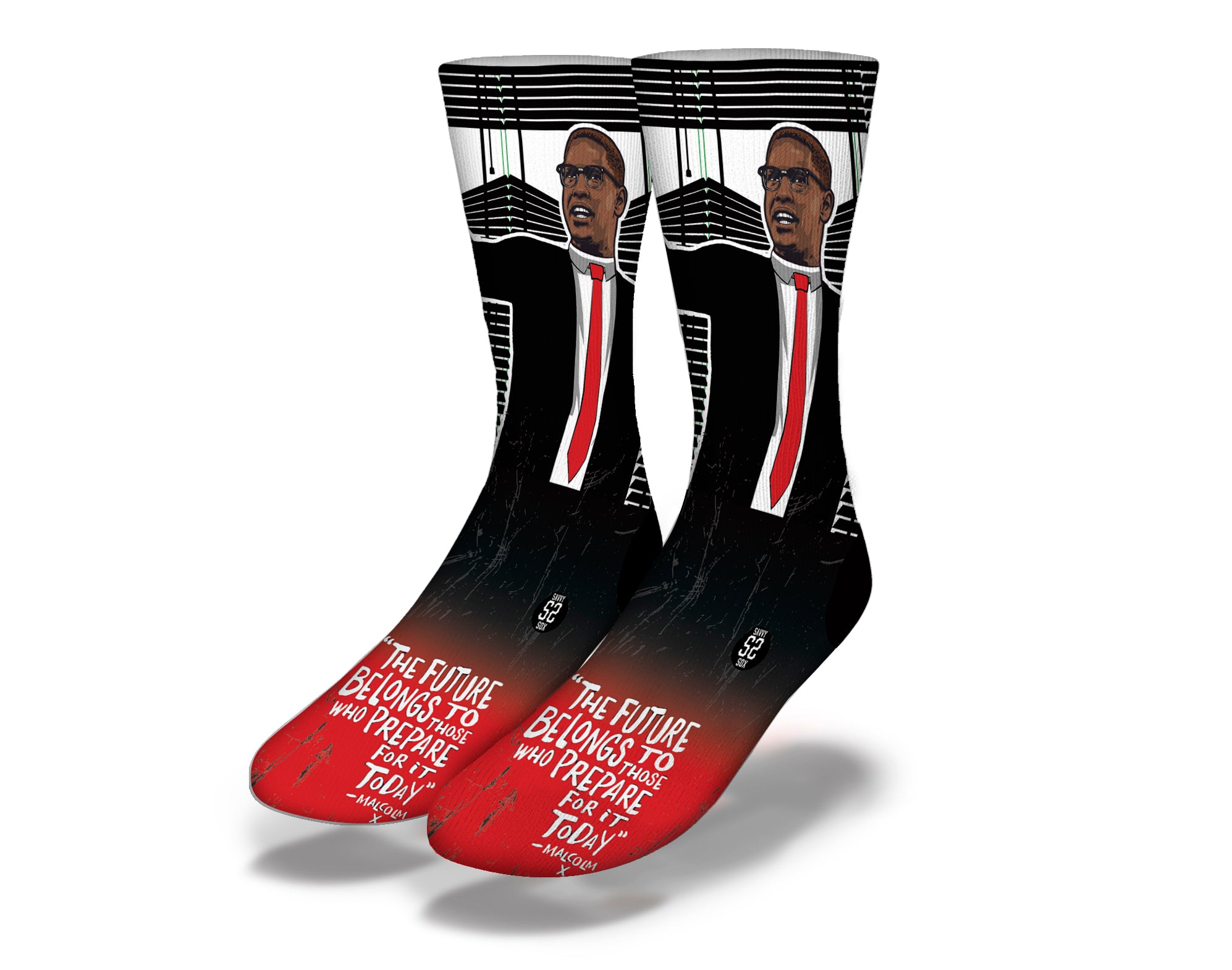 Malcolm (style 1) Socks featuring a powerful quote from Malcolm X, designed for comfort and style.