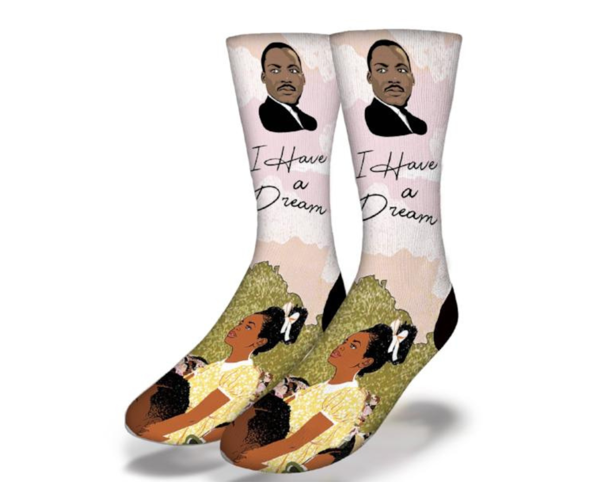 A pair of Martin Luther King Jr socks featuring vibrant colors and iconic imagery, symbolizing equality and justice.