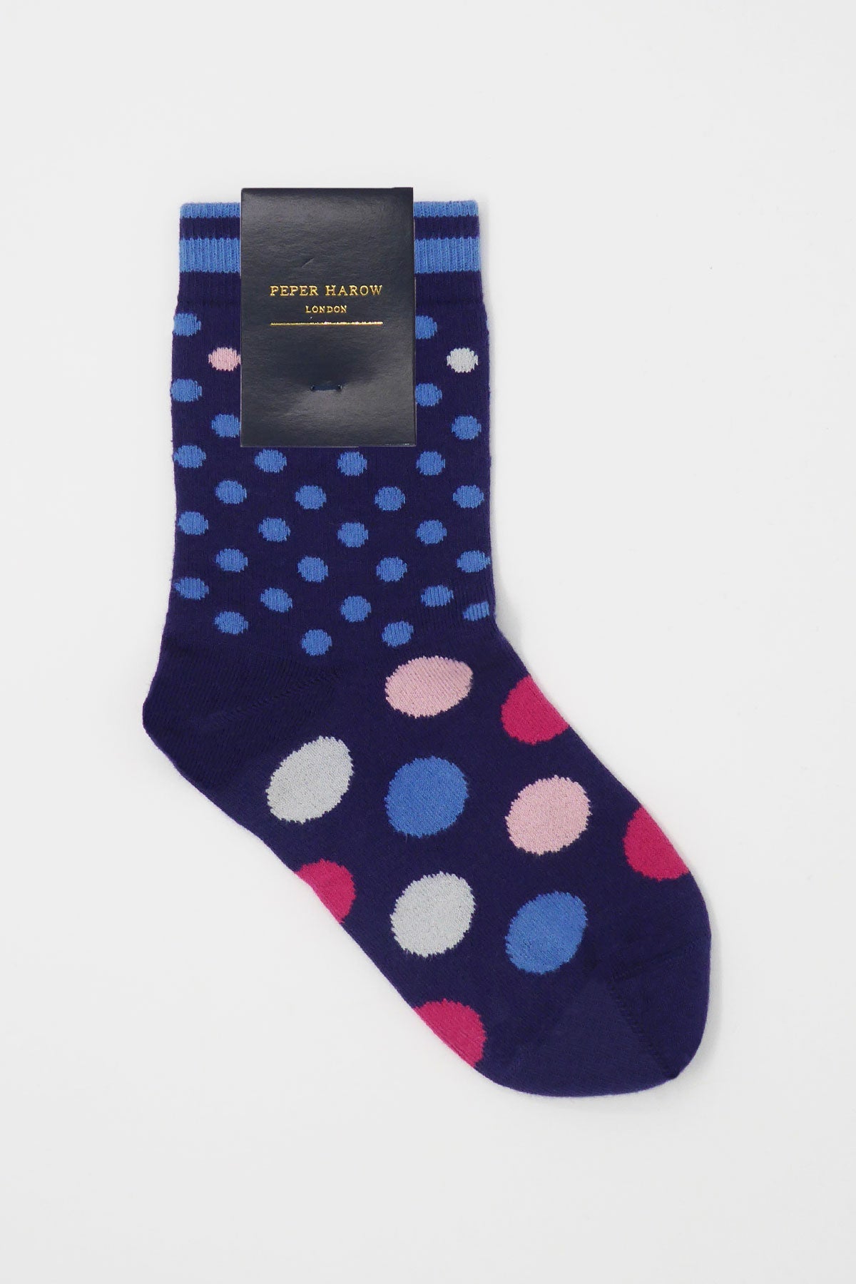 Mary Women's Socks in Navy featuring colorful polka dots in pink, grey, magenta, and blue, made from luxurious Supima cotton.