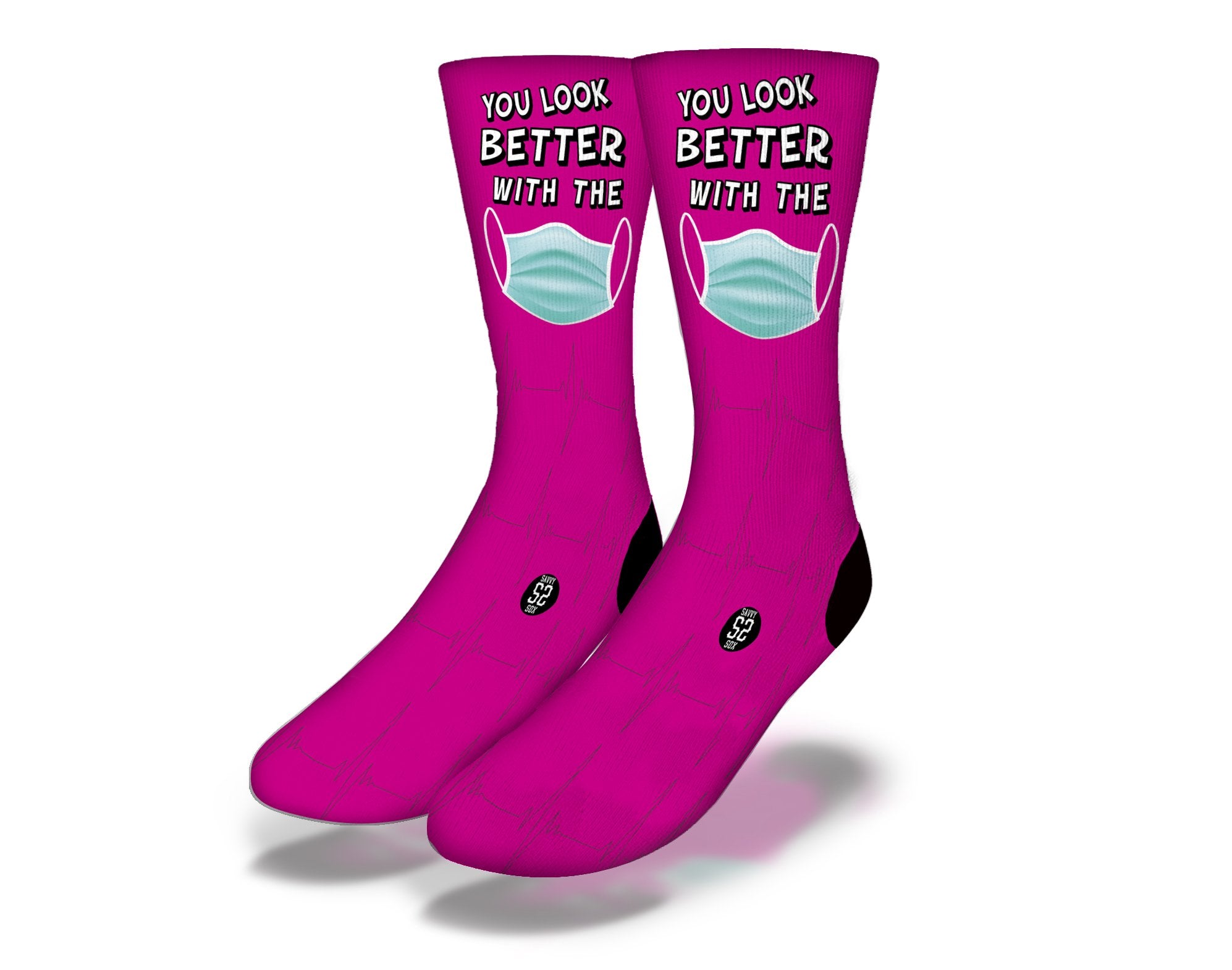 A pair of pink MASK ON Funny Coronavirus Socks featuring a playful design with a mask, perfect for adding humor to your wardrobe.