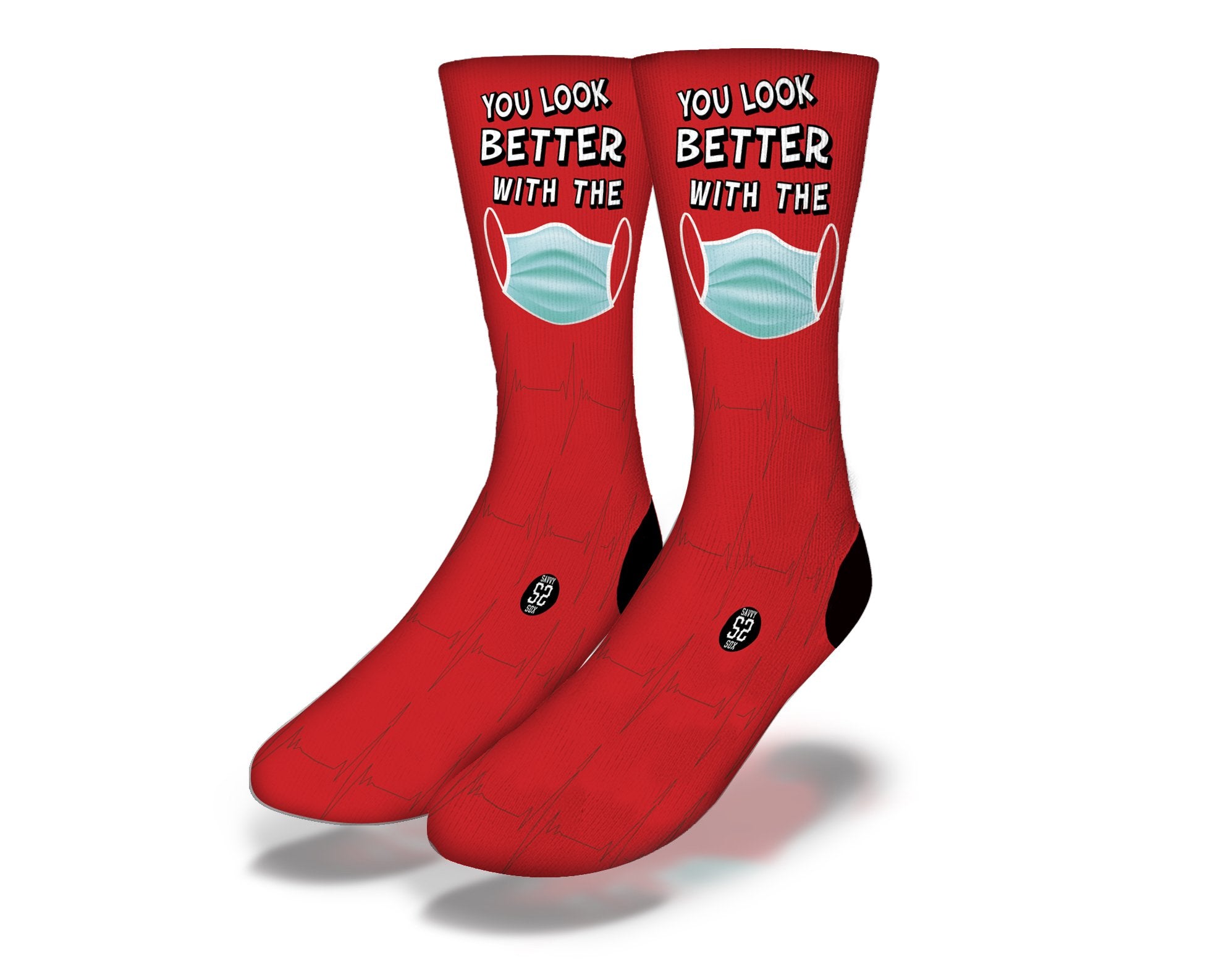 A pair of red MASK ON Funny Coronavirus Socks featuring playful pandemic-themed designs, perfect for adding humor to your wardrobe.