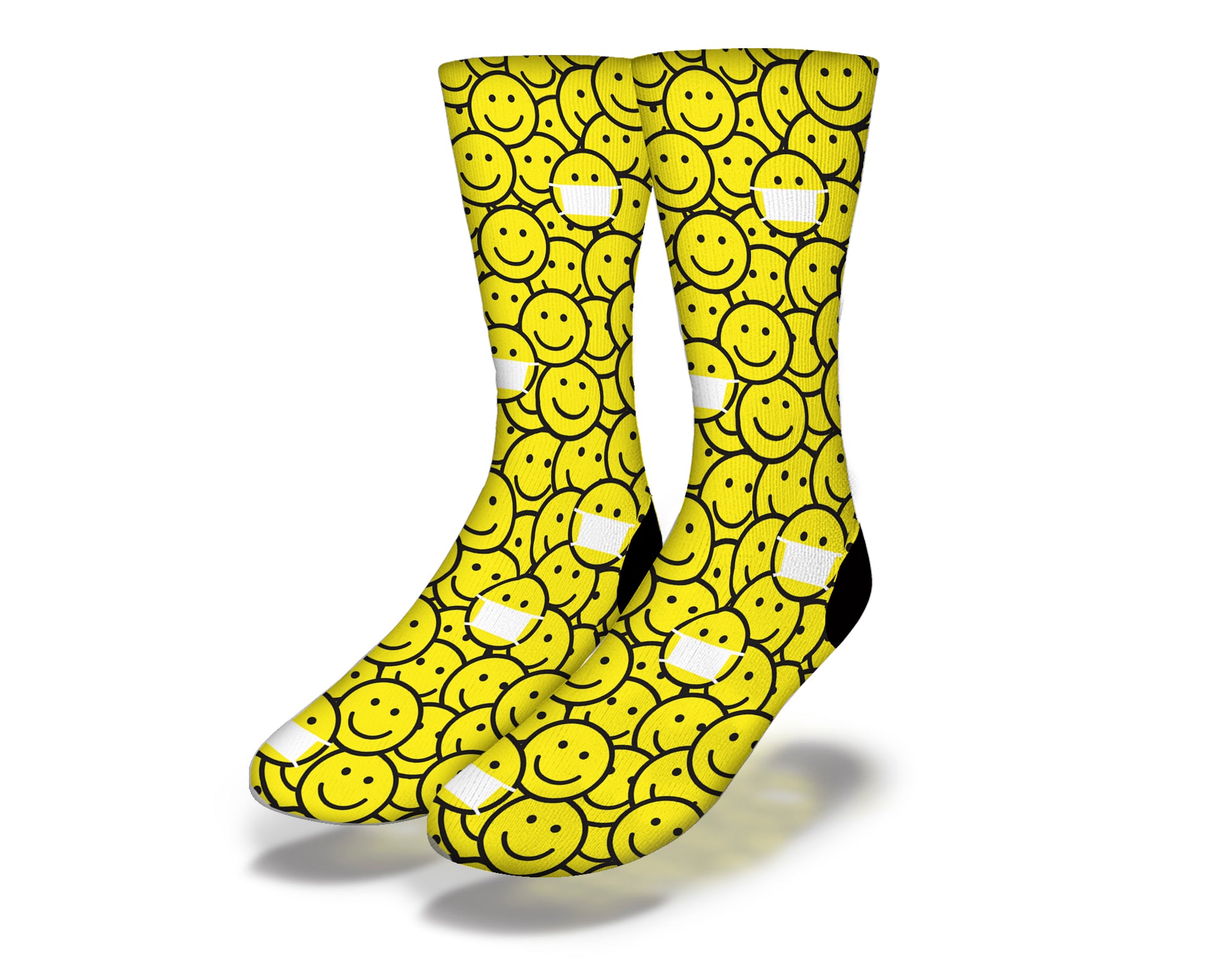 Colorful MASK ON SMILEY FACE PANDEMIC Novelty Socks featuring smiley faces wearing masks, perfect for adding humor to your wardrobe.