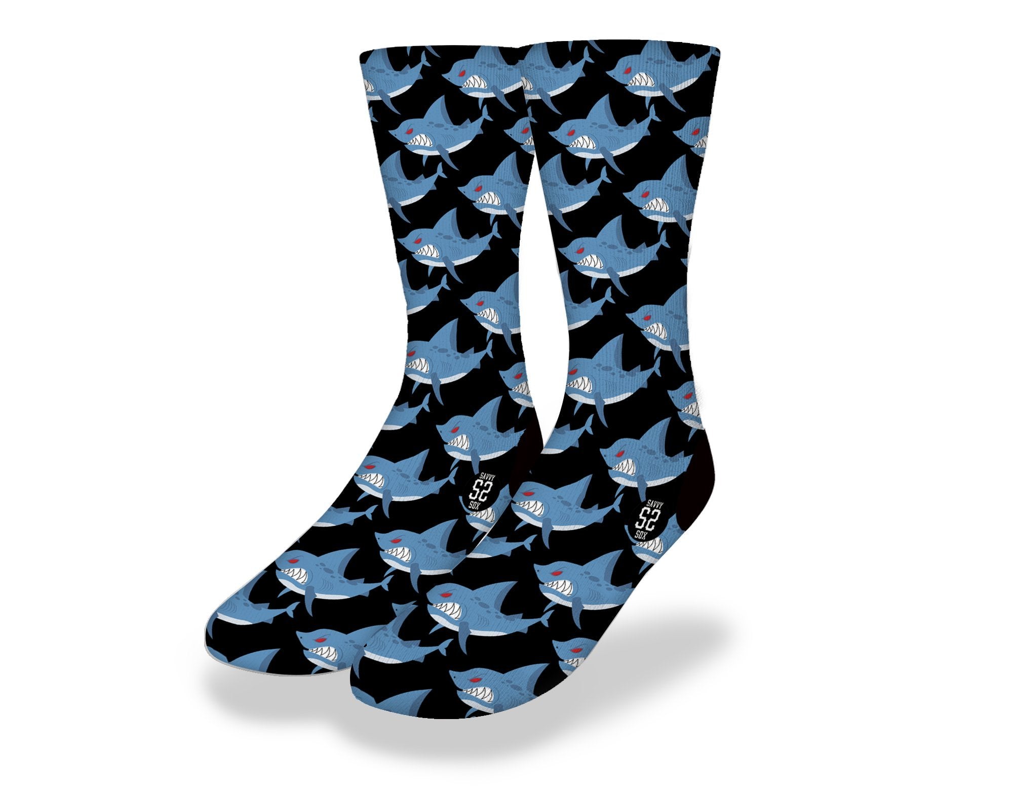 MEAN ANGRY SHARK CARTOON socks featuring cartoon great white sharks with red eyes and playful expressions on a deep blue background.