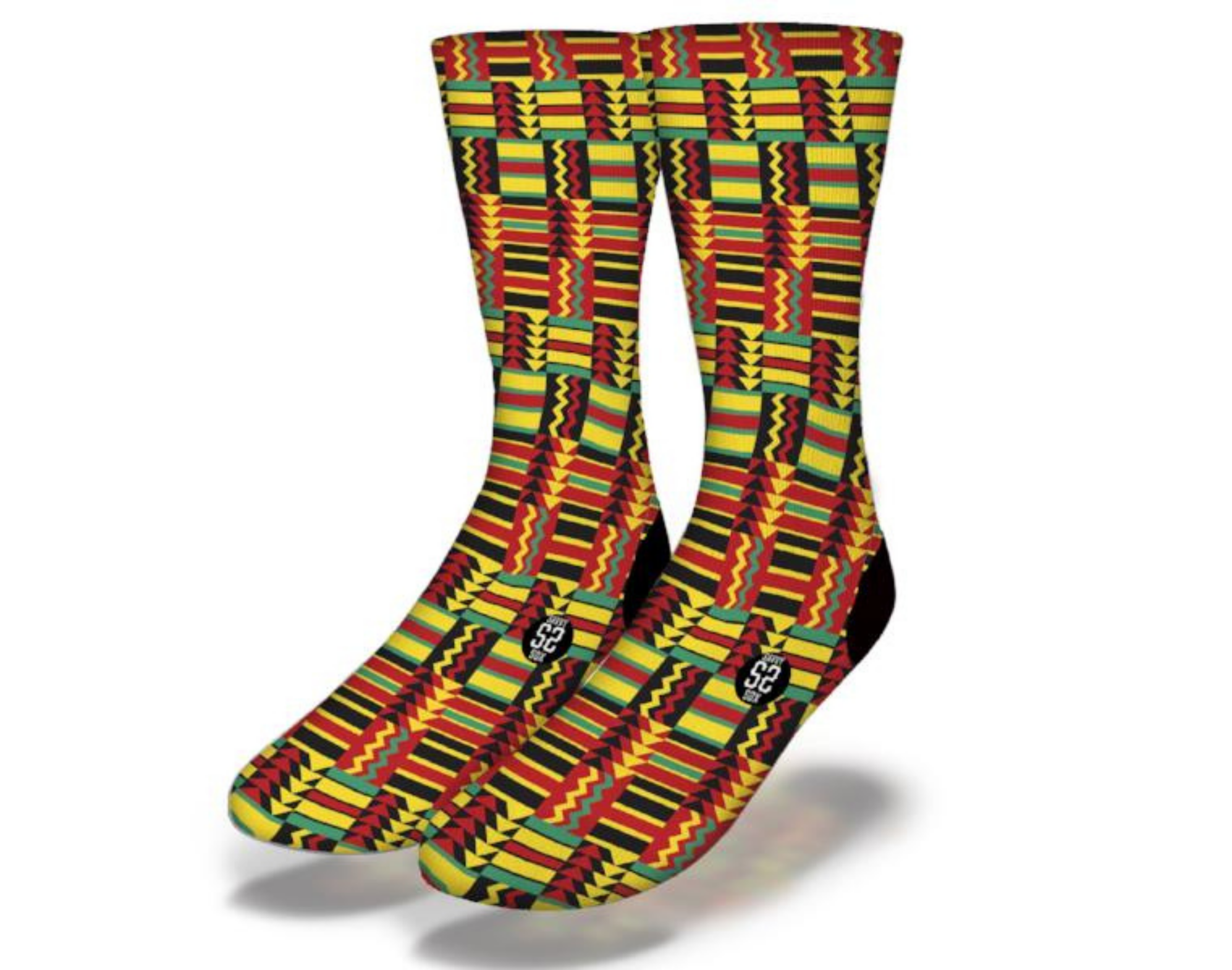 Colorful MEDALS & RIBBONS African Tribal Pattern Socks featuring red, yellow, and green designs, perfect for cultural diversity and fun fashion.