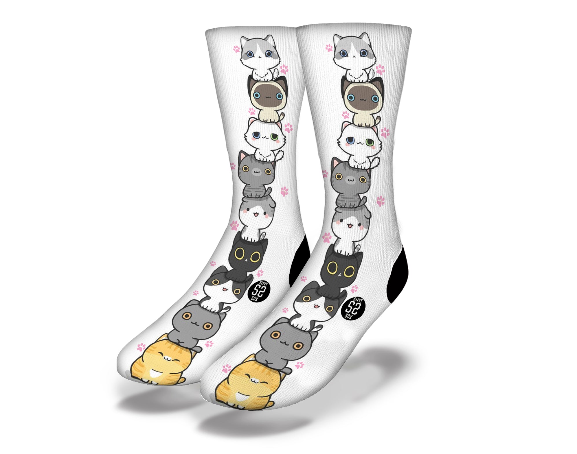 MEME KITTY TOTEM POLE Cute Cat Socks featuring a colorful design of stacked meme kitties, perfect for cat lovers.