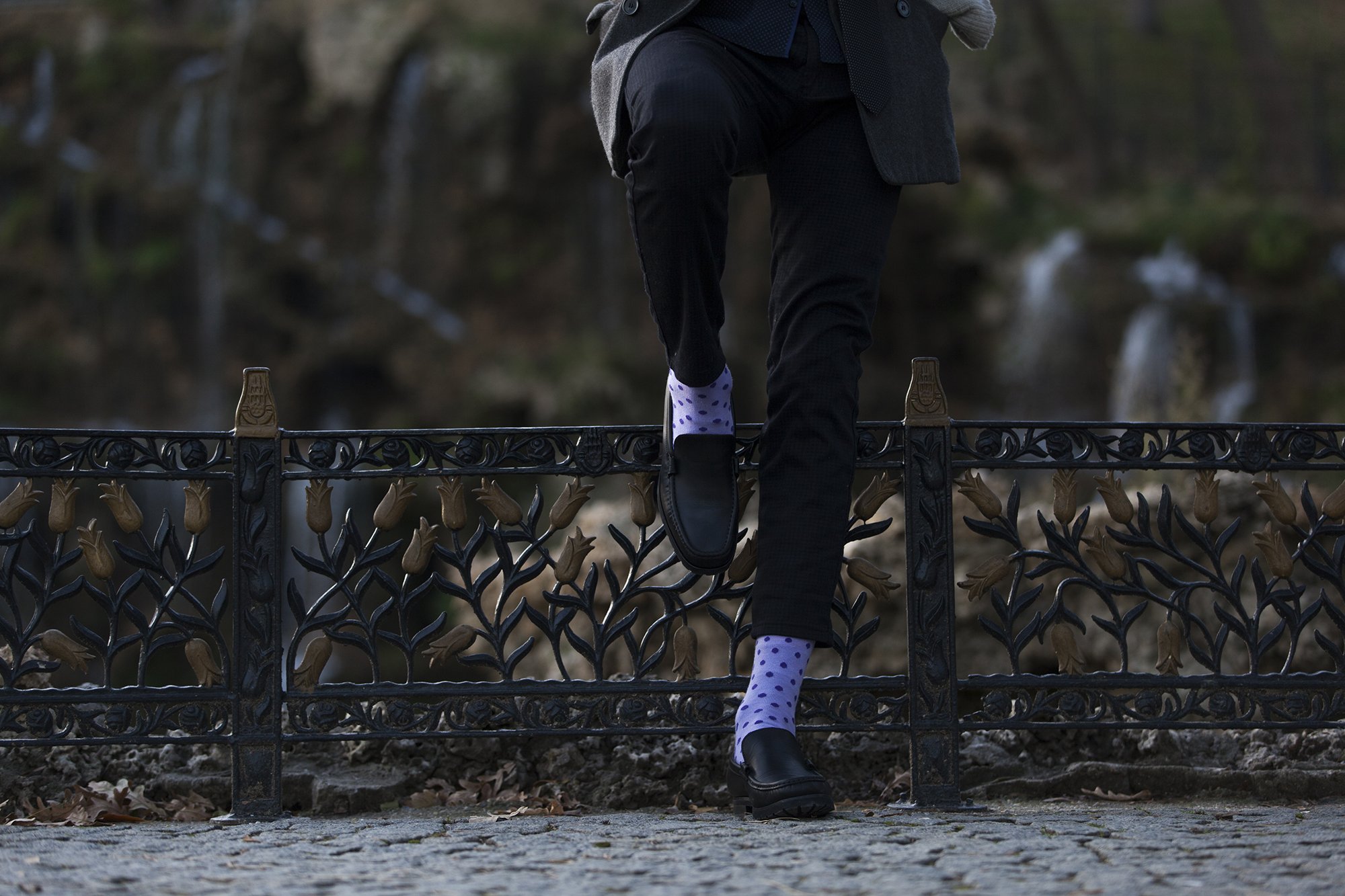 Men's Amethyst Dot Socks featuring colorful dots on a soft cotton fabric, perfect for adding style to any outfit.