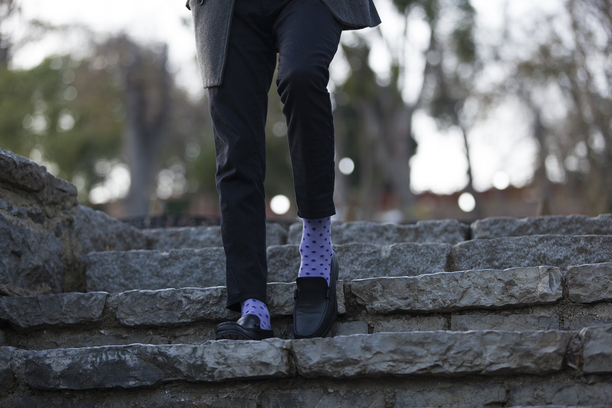 Men's Amethyst Dot Socks featuring colorful dots on a soft cotton fabric, perfect for adding style to any outfit.