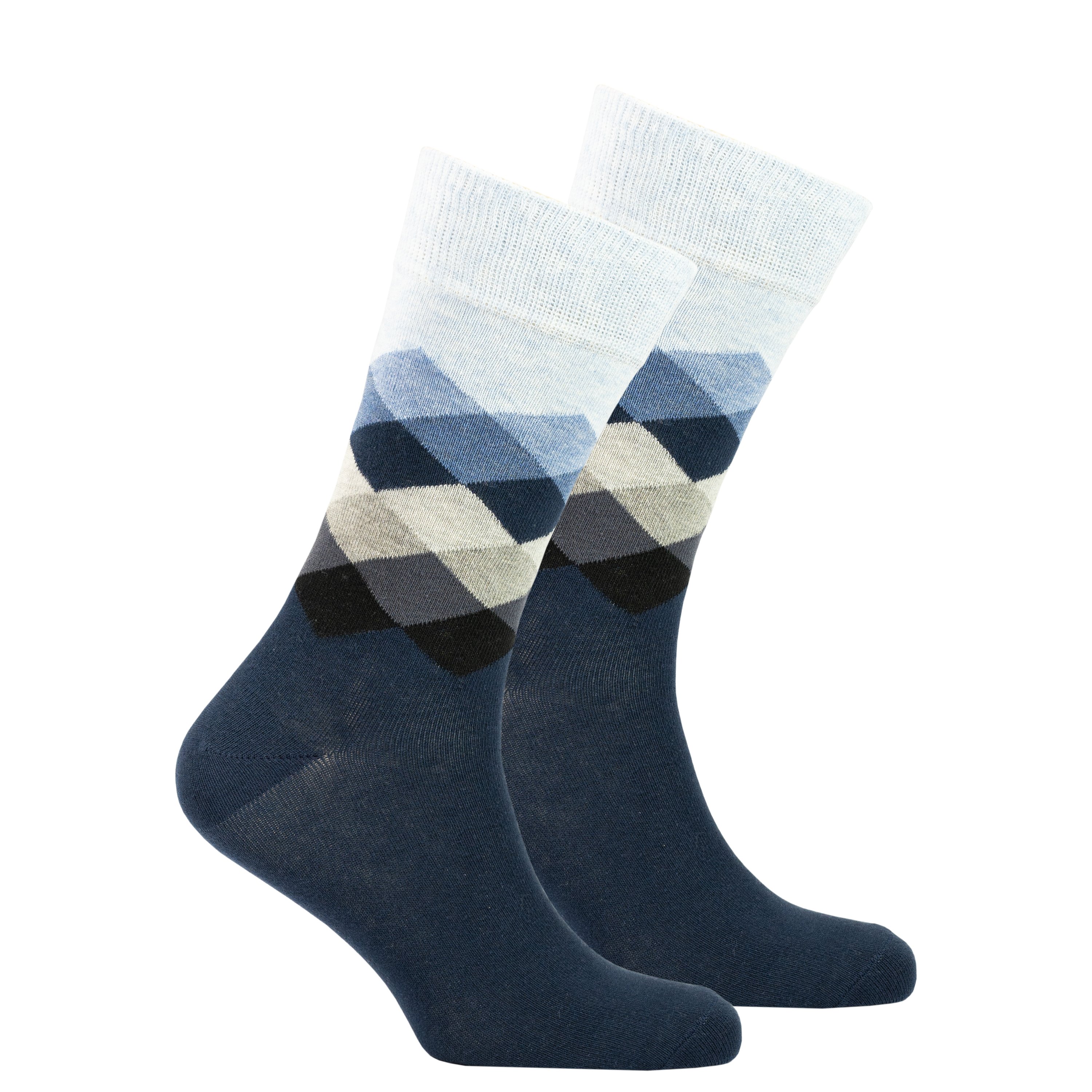 Men's Azure Diamond Socks featuring a vibrant diamond pattern in blue and white, perfect for adding style to any outfit.