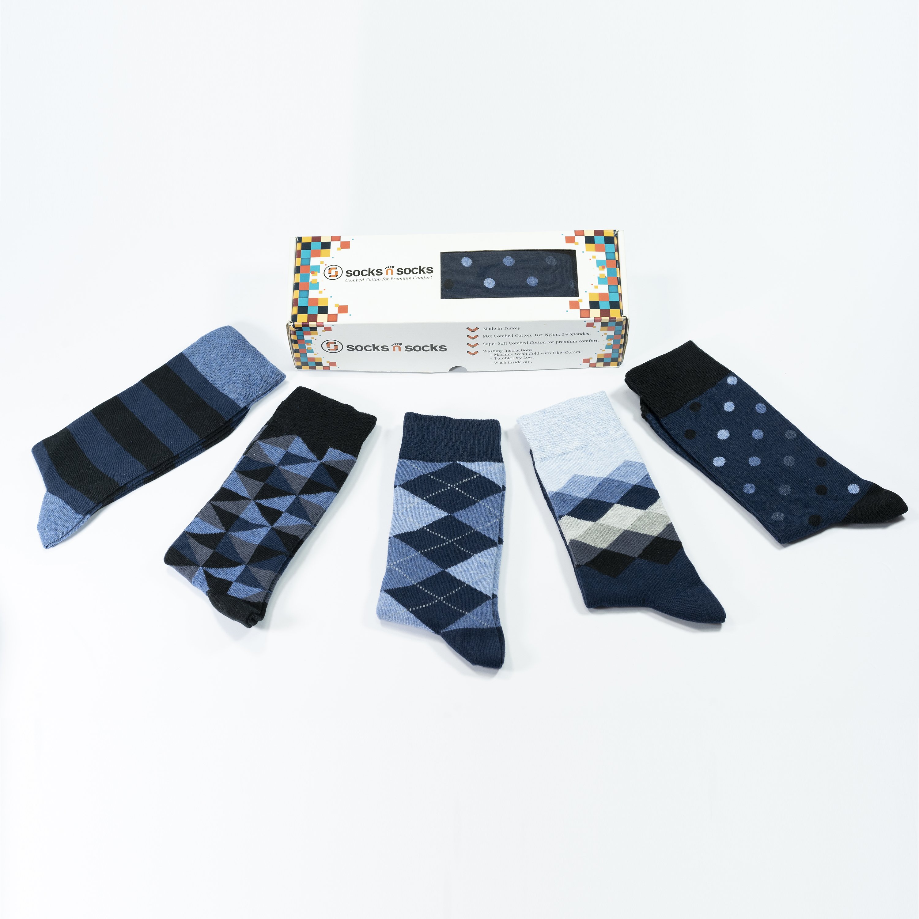 Men's Azure Mix Set Socks featuring colorful designs and premium Turkish cotton for comfort and style.