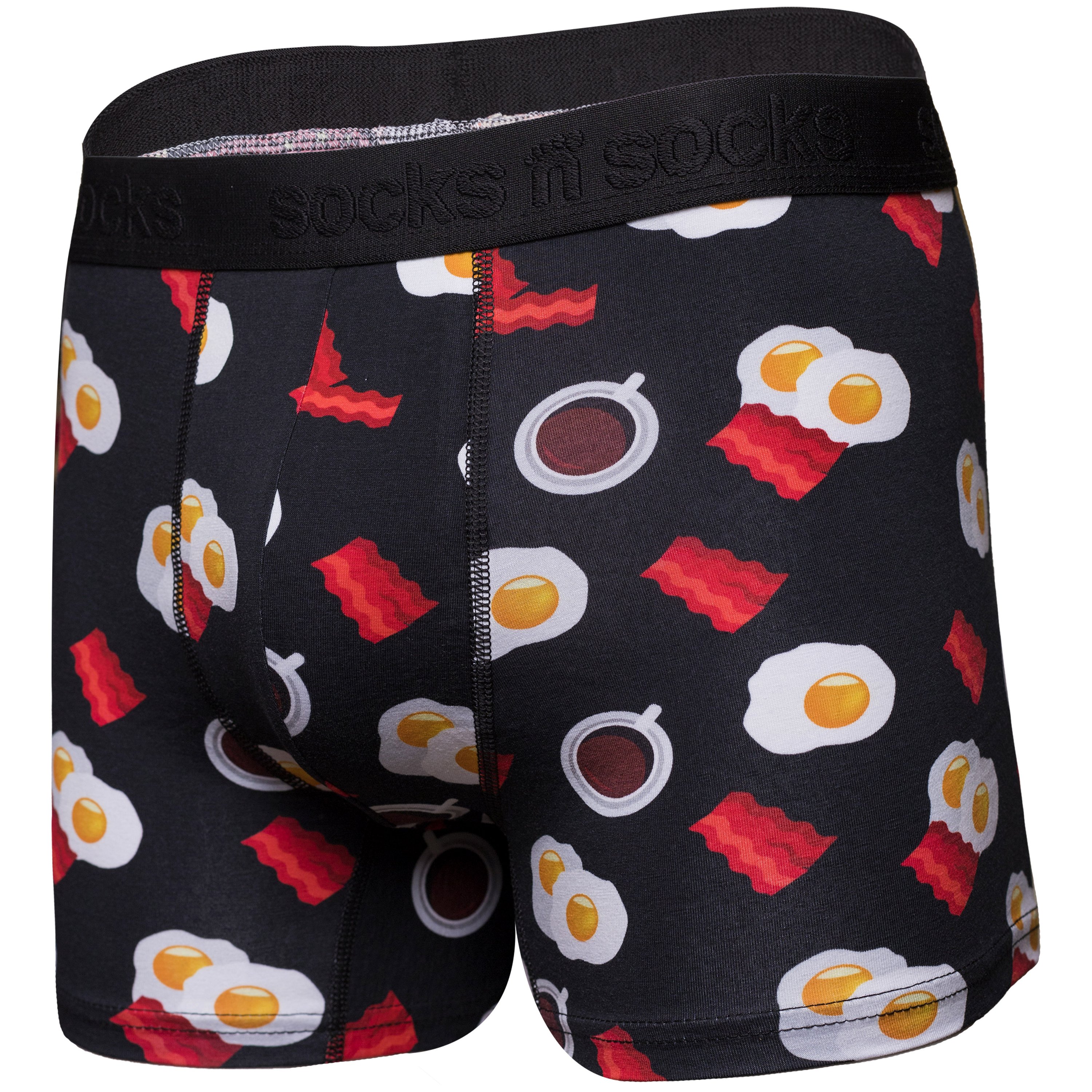 Men's Bacon & Eggs Boxer Briefs featuring a fun and colorful design, made from soft Viscose and Spandex for ultimate comfort.