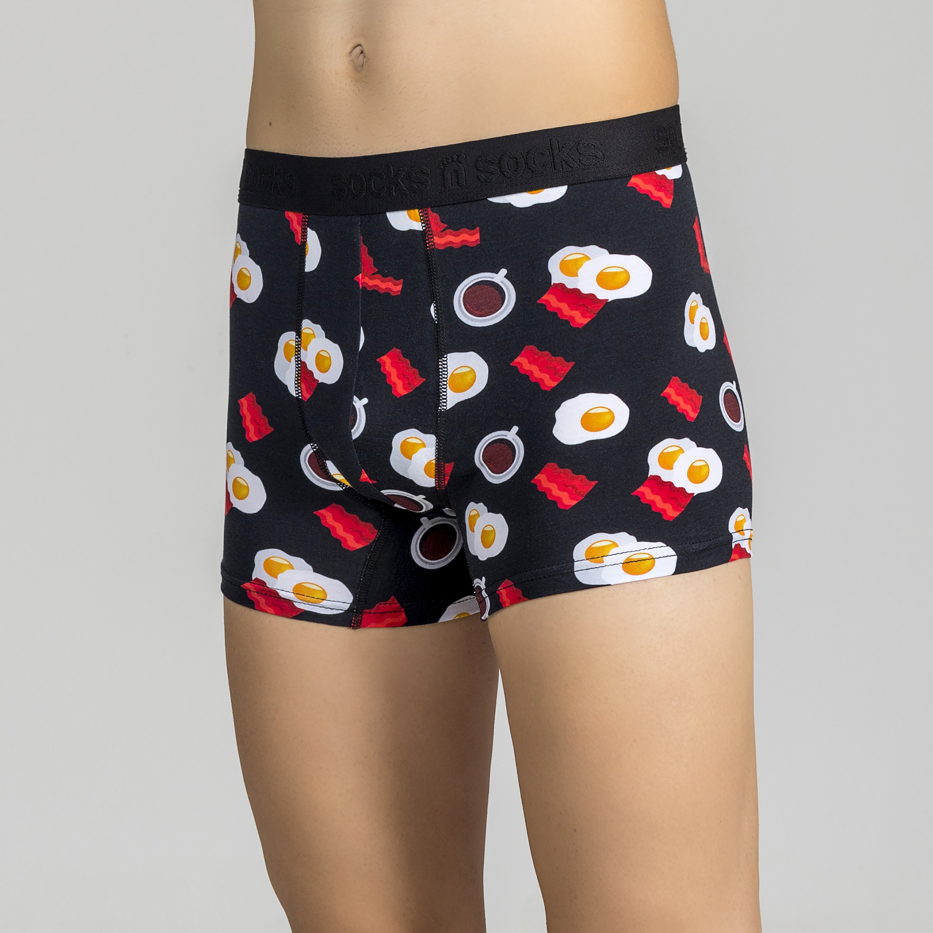 Men's Bacon & Eggs Boxer Briefs featuring a fun and colorful design, made from soft Viscose and Spandex for ultimate comfort.