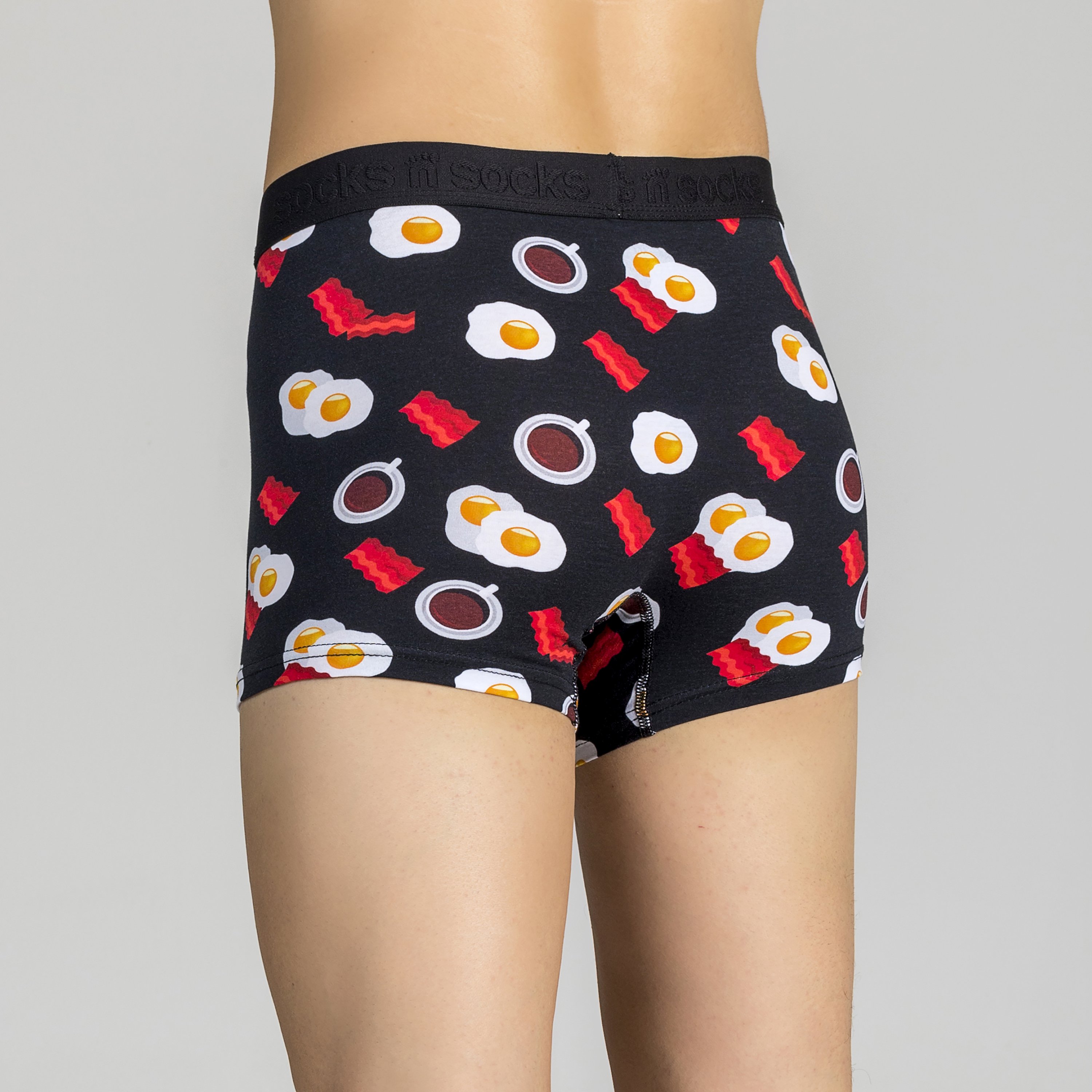 Men's Bacon & Eggs Boxer Briefs featuring a fun and colorful design, made from soft Viscose and Spandex for ultimate comfort.