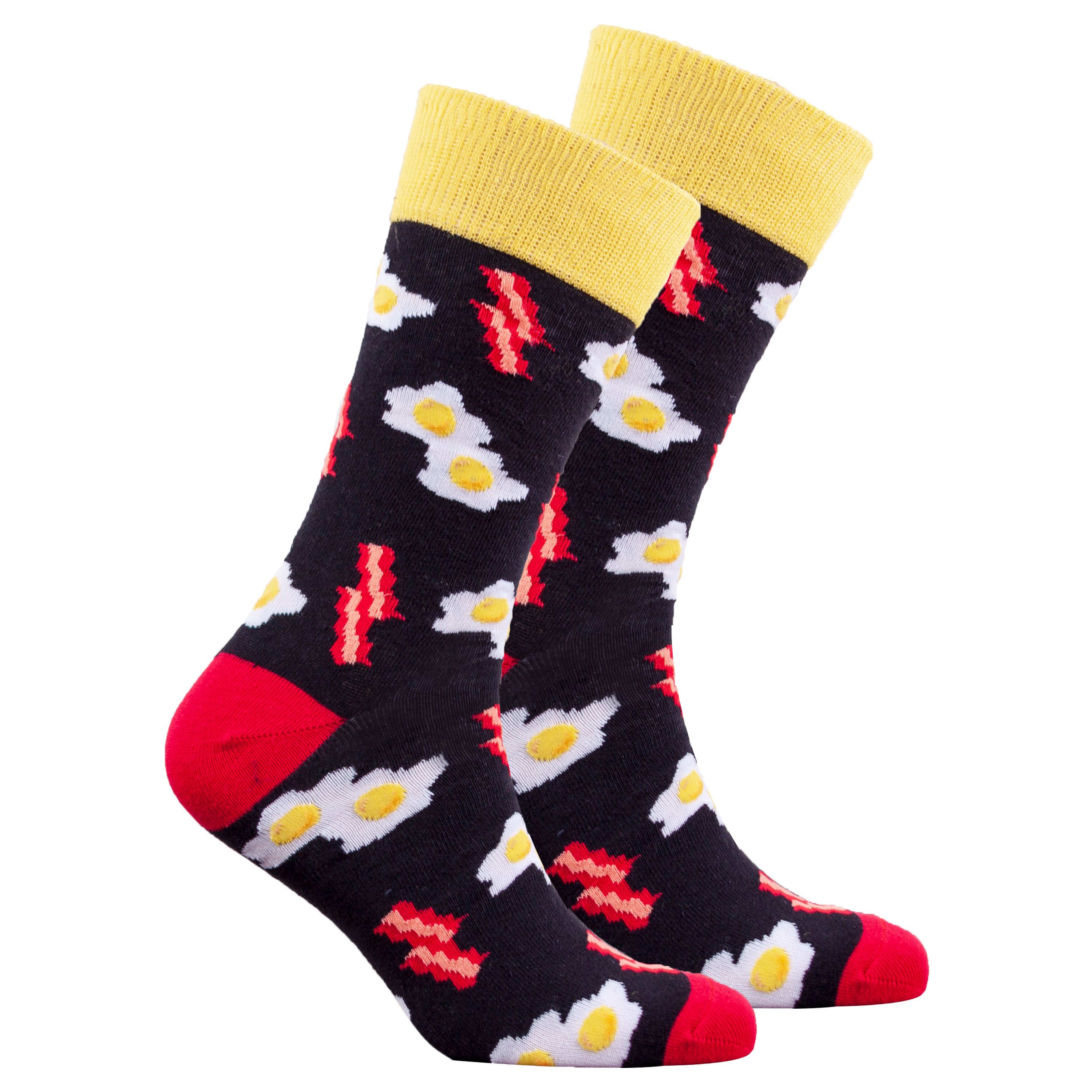 Men's Bacon & Eggs Socks featuring a colorful design with bacon and eggs pattern, made from soft Turkish cotton for comfort.