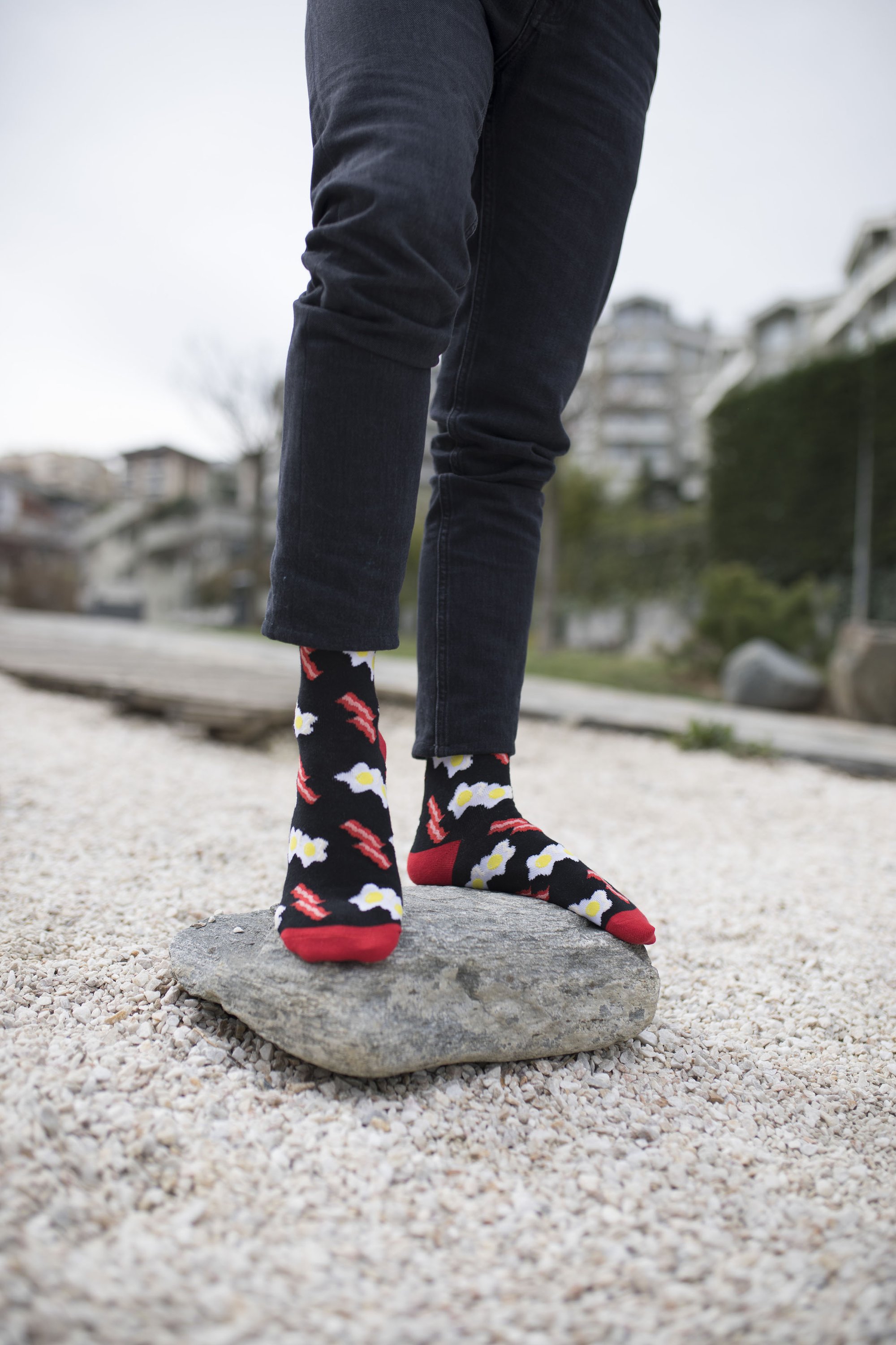 Men's Bacon Socks featuring a fun bacon design, made from soft combed cotton.