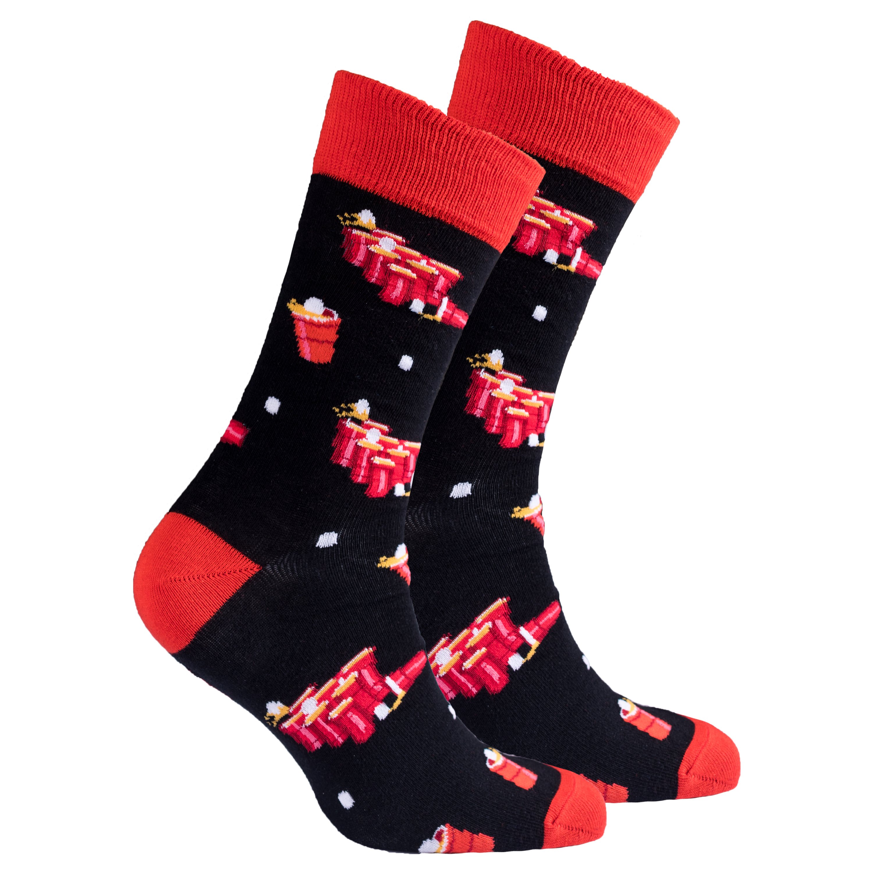 Men's Beer Pong Socks featuring colorful designs and patterns, made from soft Turkish cotton for comfort and style.