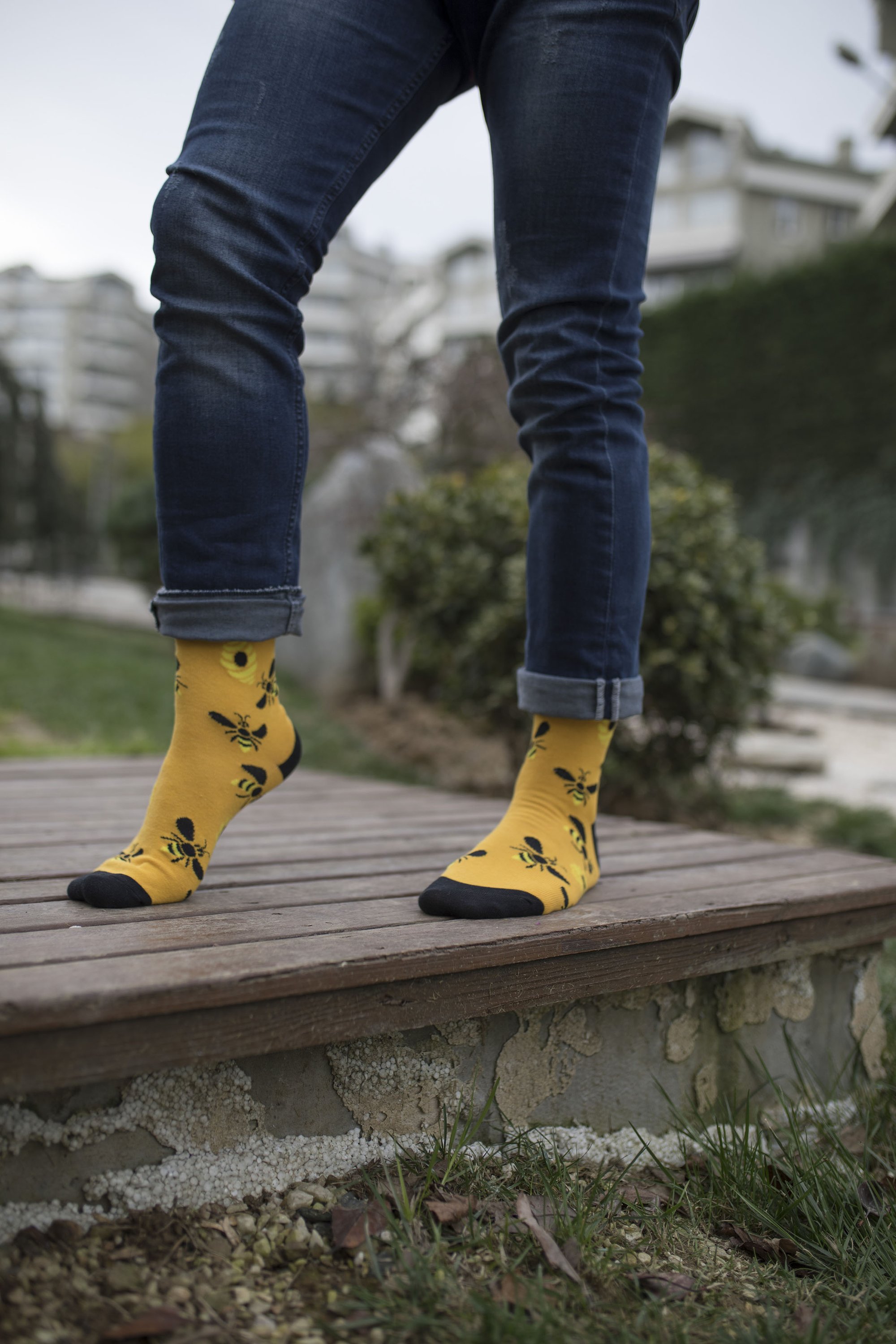 A pair of stylish Men's Bees Socks made from premium combed cotton, featuring a playful bee design.