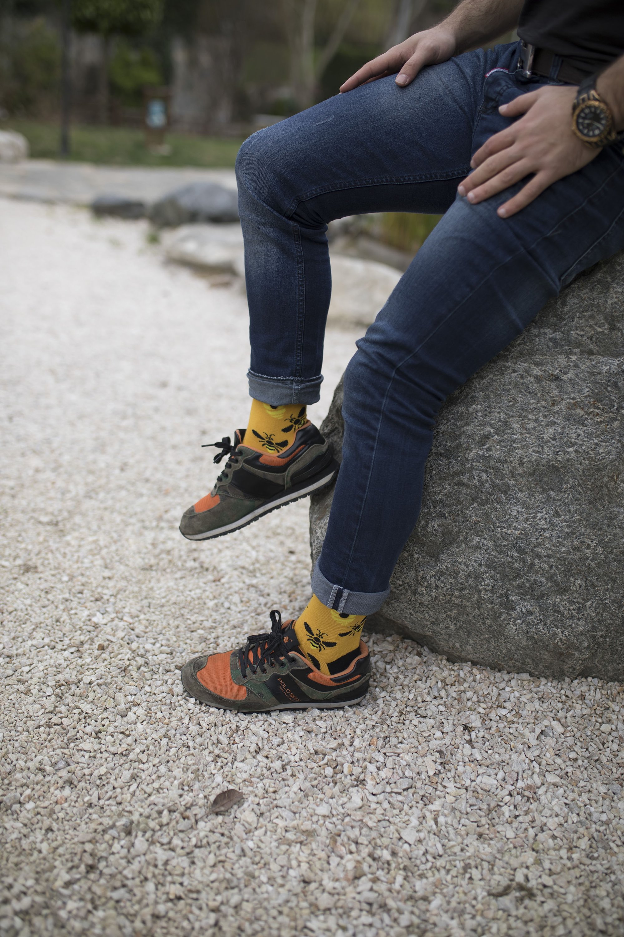 A pair of stylish Men's Bees Socks made from premium combed cotton, featuring a playful bee design.